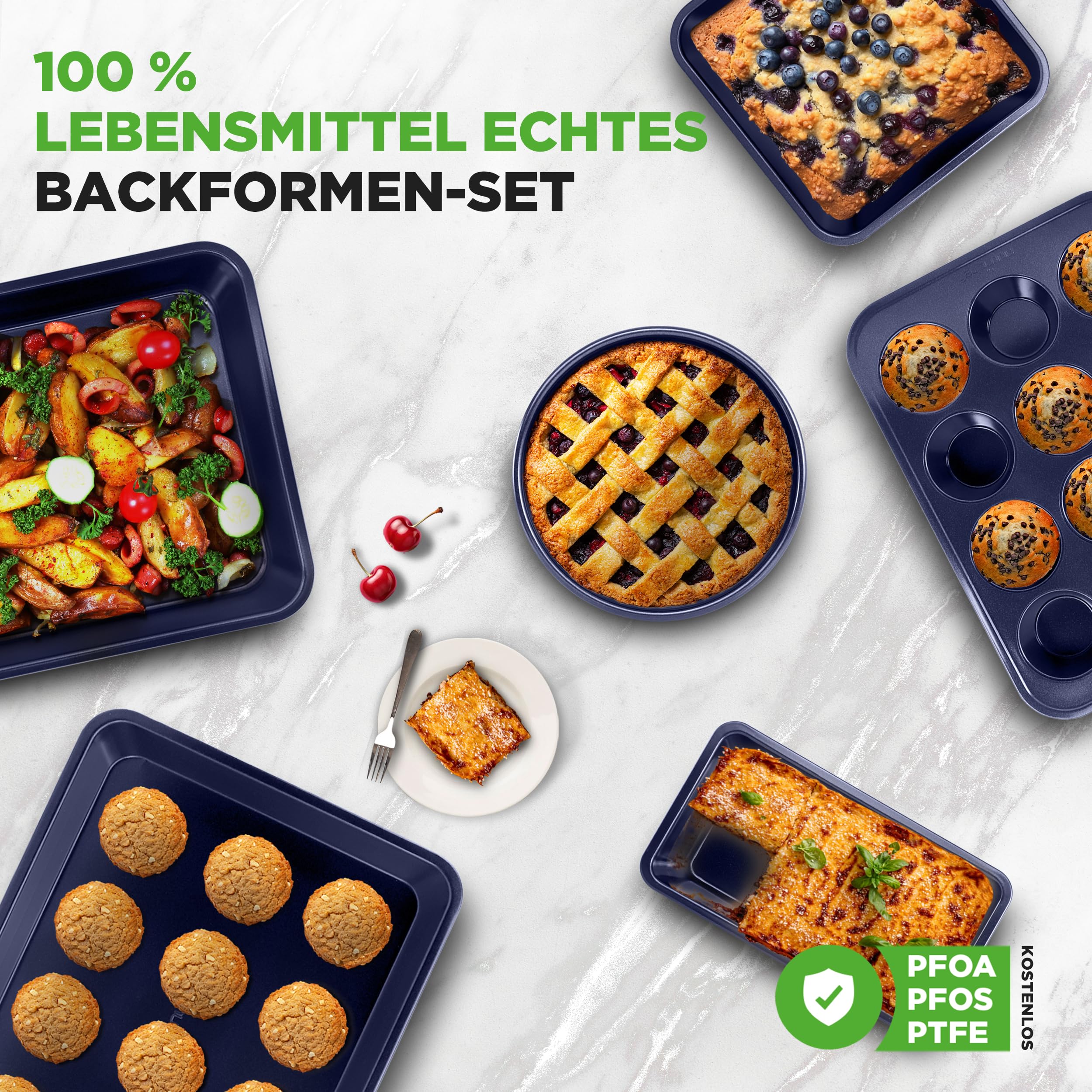 NutriChef Backformen-Set Blau – Backblech, Auflaufform, Muffin Backform, Brotbackform, Antihaft Karbonstahl Ofenfest bis 230 °C, Spülmaschinenfest, Stapelbar – Eckig & Rundes Backset, PFOA-frei
