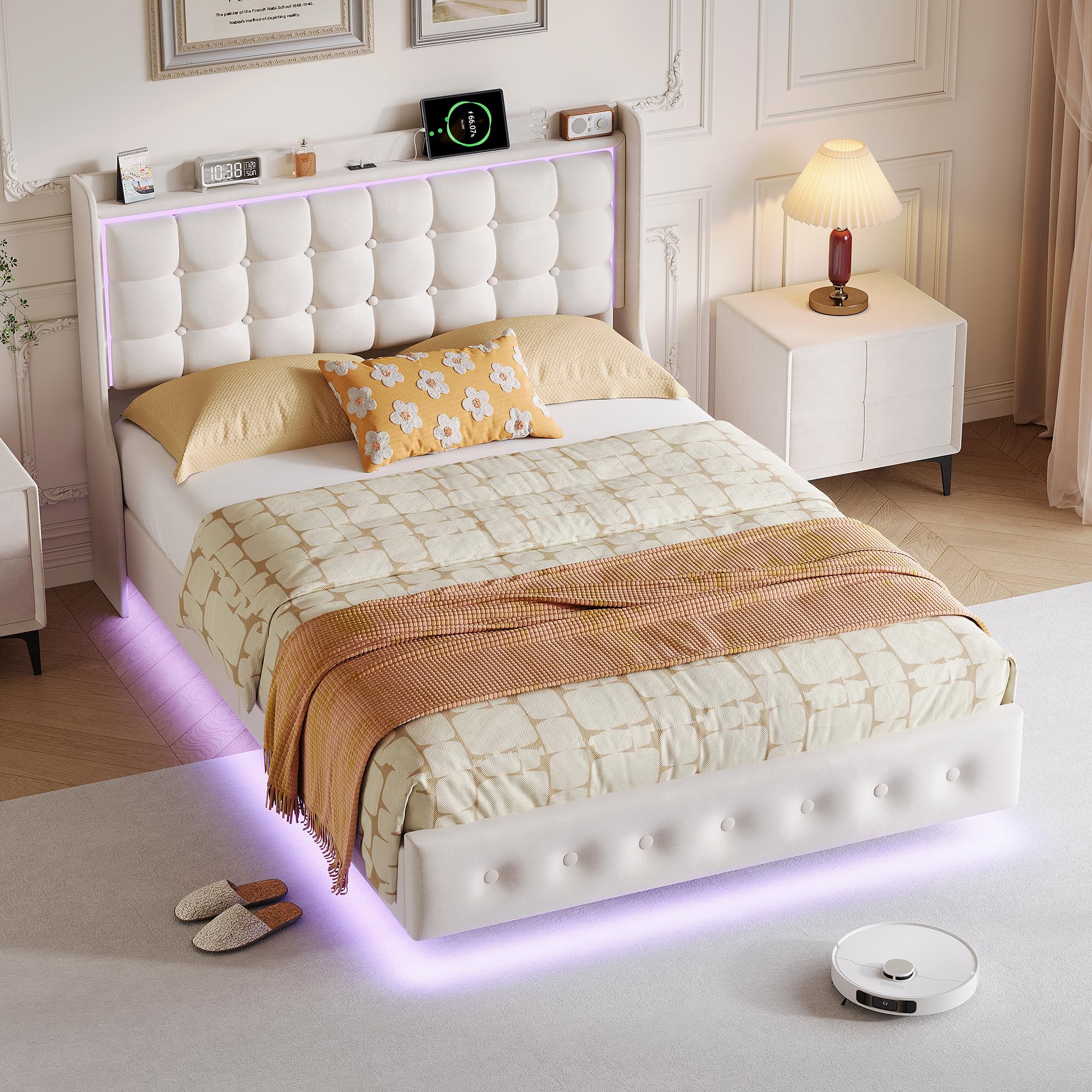 Letto imbottito con effetto galleggiante, LED RGB e porte USB integrate, letto matrimoniale 140 x 200 cm con testiera e rete a doghe in tessuto velluto