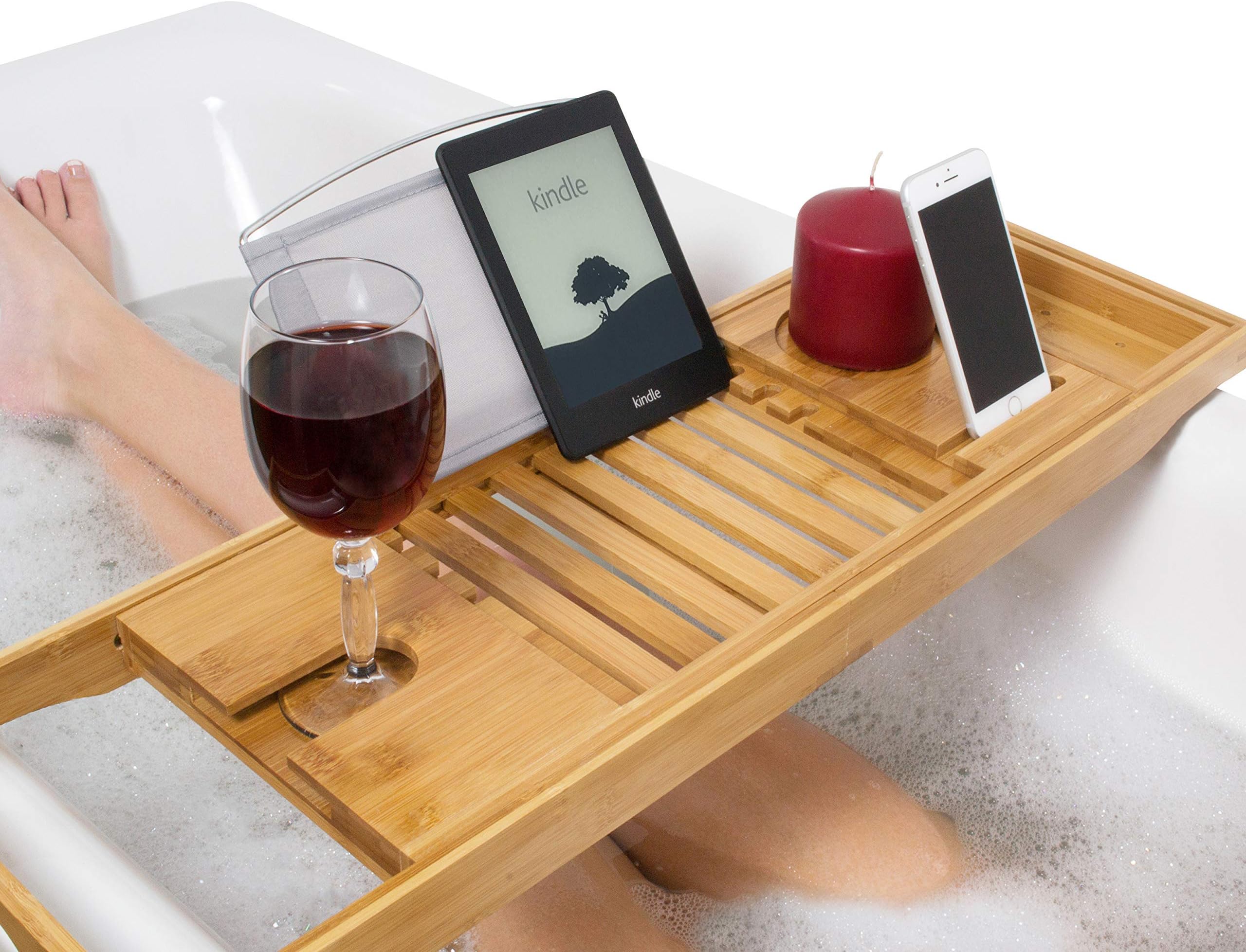 Premium 100% Natural Bamboo Bath Caddy Bridge – Extendable Luxury Book Rest, Wine Glass Holder, Device (Tablet, Kindle, iPad, Smart Phone) Tray for a Home-Spa Experience – Fits Most Bath Sizes