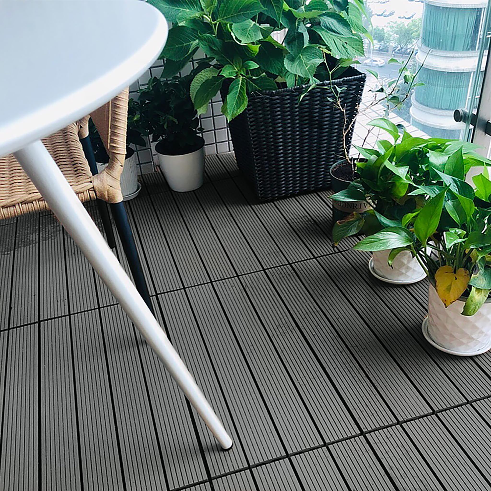 WPC - Piastrelle da pavimento, piastrelle da giardino, 60 x 30 cm, 12 pezzi/2 m², effetto legno, per balconi, terrazze, resistenti alle intemperie, con funzione drenaggio, colore antracite
