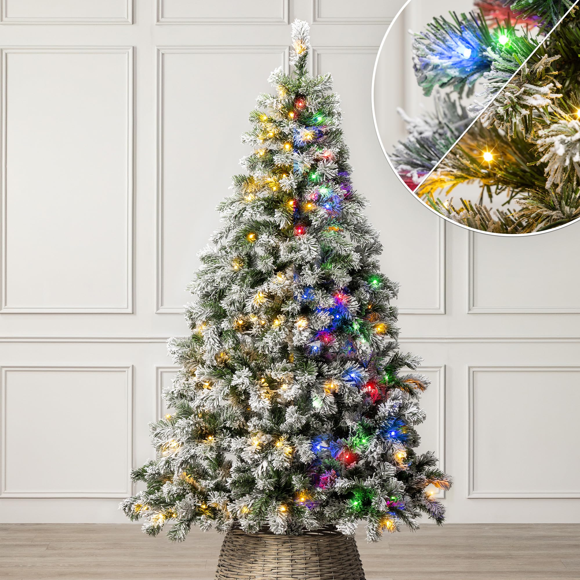Christow Pre-Lit Flocked Chamonix Spruce Christmas Tree, 6ft
