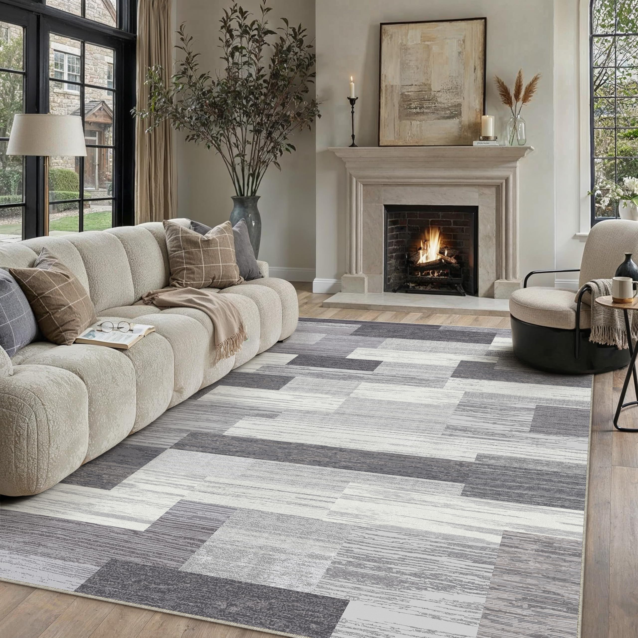 PureCozy Grey Rugs Living Room Area Rug 200x300cm Bedroom Large Modern Carpet Washable Non Slip Lounge Office Dining Room Soft Low Pile Geometric Carpets โ image 1