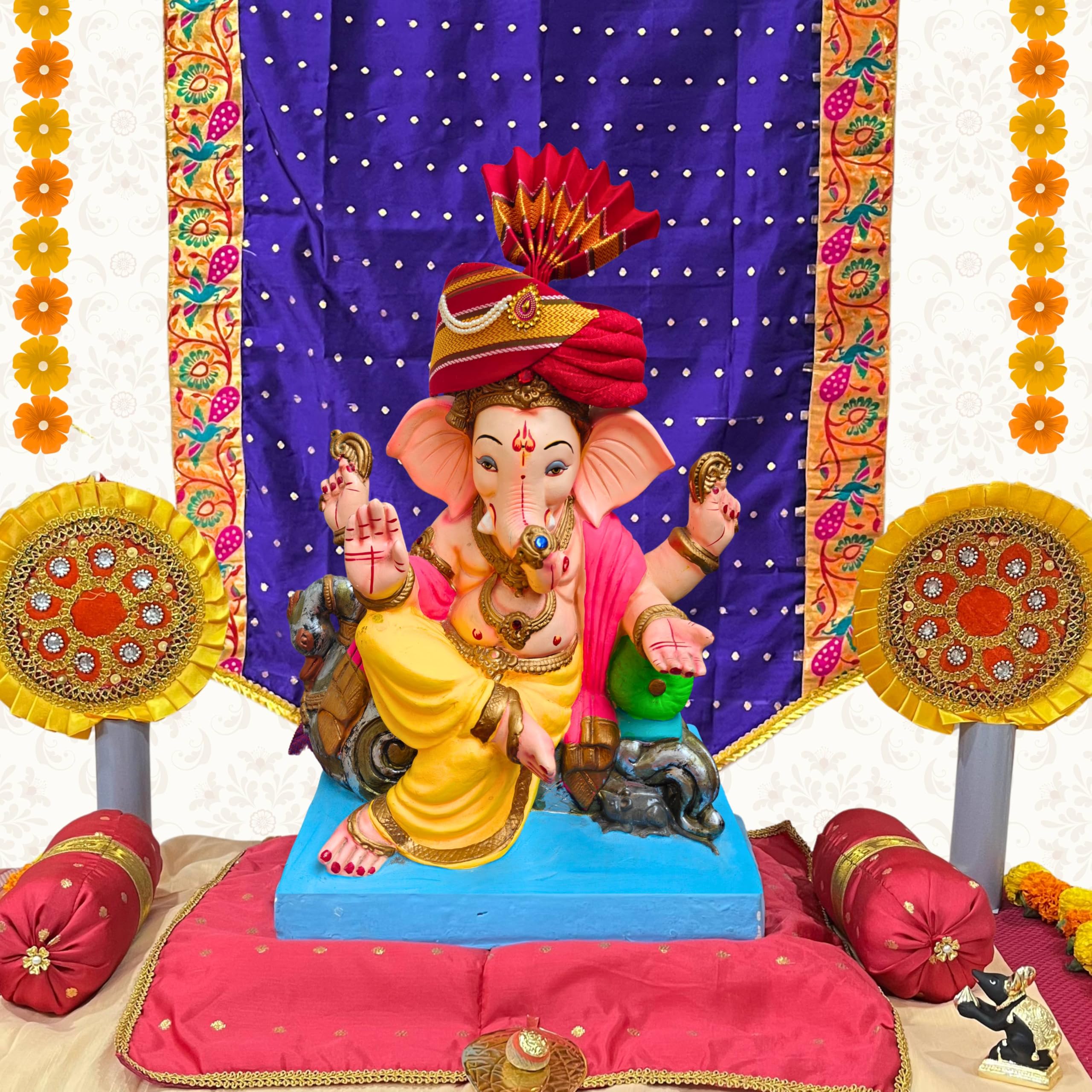 PUNYATVA Ganesh Feta Mukut (Turban, Khun, Red) / Adjustable Ganesh Pheta, Gauri Ganpati Festival Decoration Accessories, Ganpati Jewellery, Crown, Makhar, Traditional Pagdi, God Idol Headgear 1