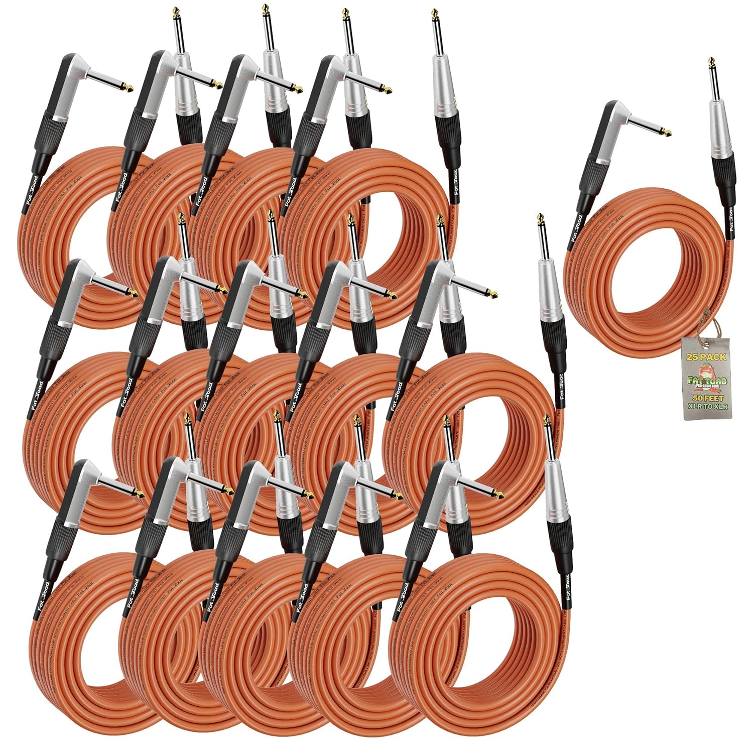 Fat Toad 20ft Right Angle Guitar Cables (ShieldedPRO X Series) 24 Pack – 1/4 Inch TS Instrument Cords – 24 AWG Wires for Amp, Pedal, Bass, Studio Use