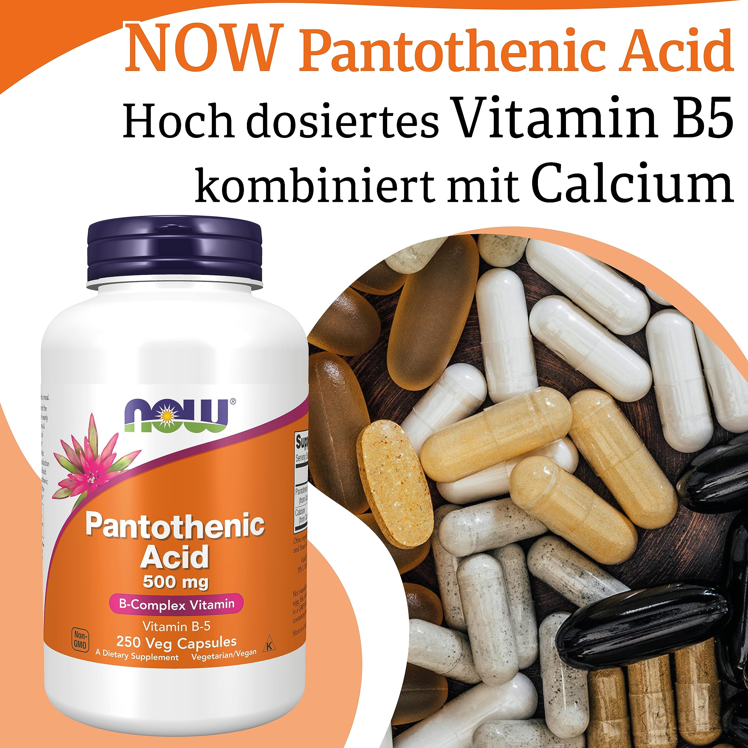 Now Foods, Pantothenic Acid (Pantothensäure), 500 mg, 250 vegane Kapseln, Laborgeprüft, Vitamin B5, Hochdosiert, Glutenfrei, Sojafrei, Vegetarisch
