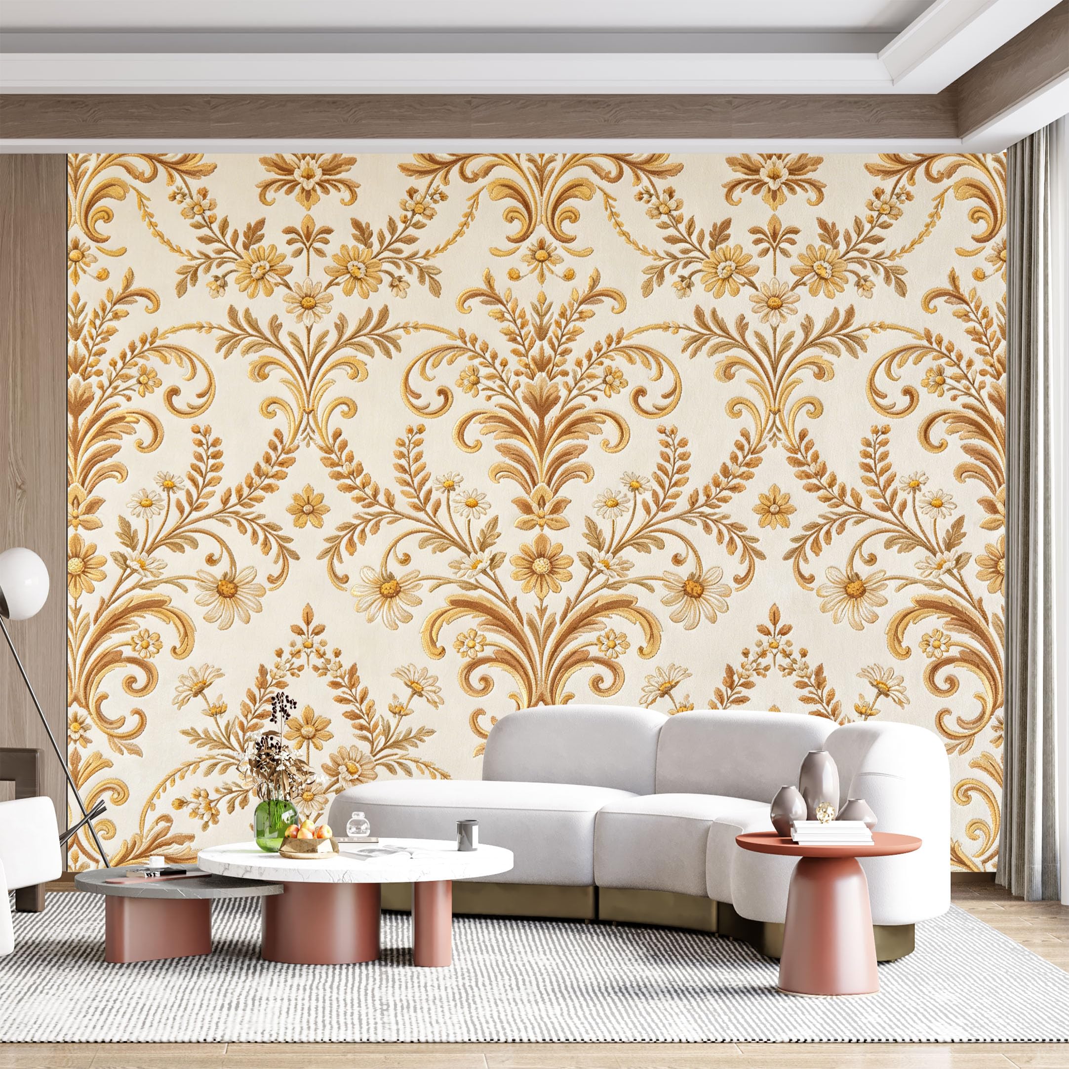 Custom Size Wall Mural Baroque Floral Damask Gold Vintage Ornamental SelfAdhesive Wall Fabric Removable for Home Office Decor