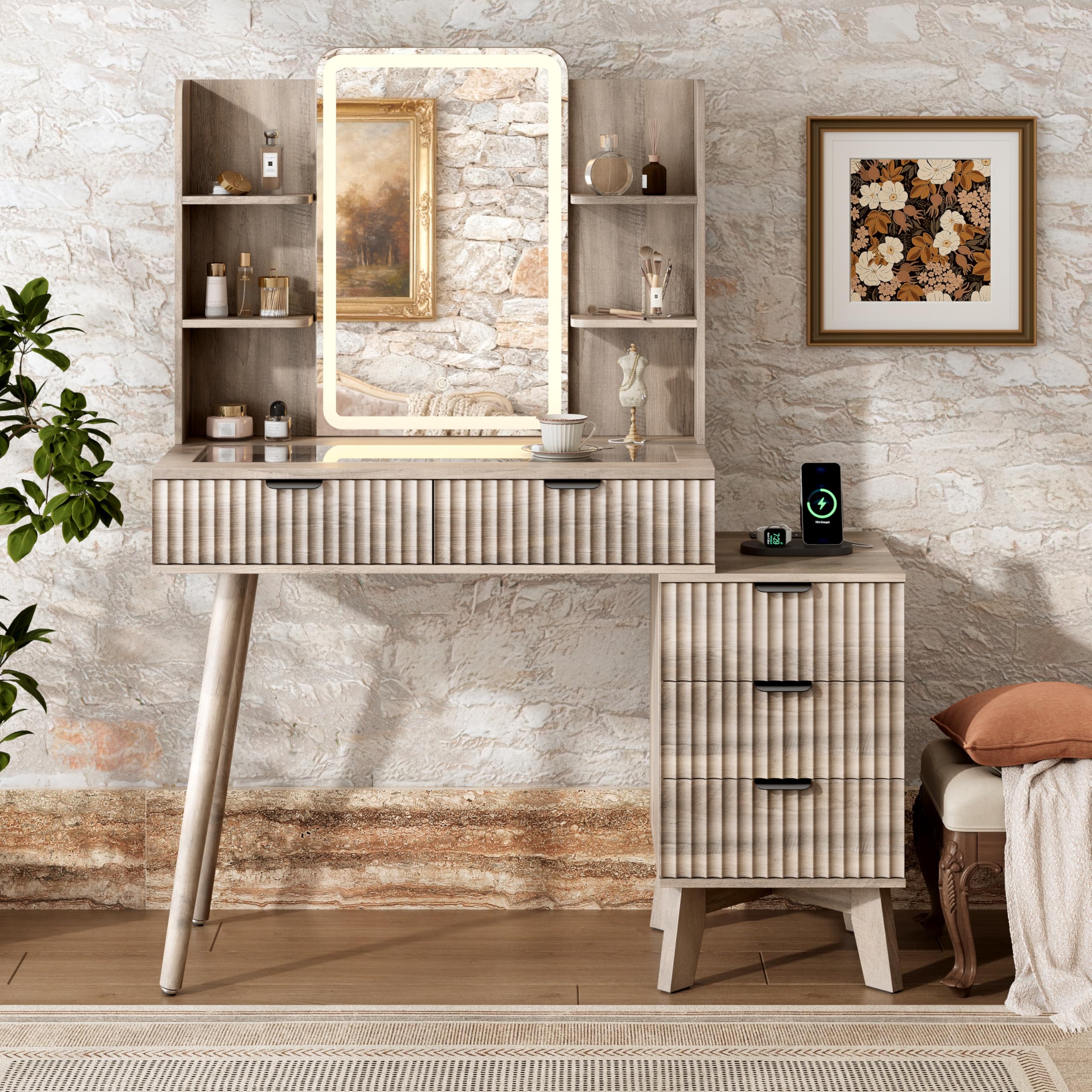 Vanity Desk With HD Lighted Mirror and Lights, Fluted Small Makeup Vanity with Storage Drawers &amp; Shelves, Modern Dressing Table Set with Power Outlet &amp; Glass Table Top for Women Girls Bedroom, Grey