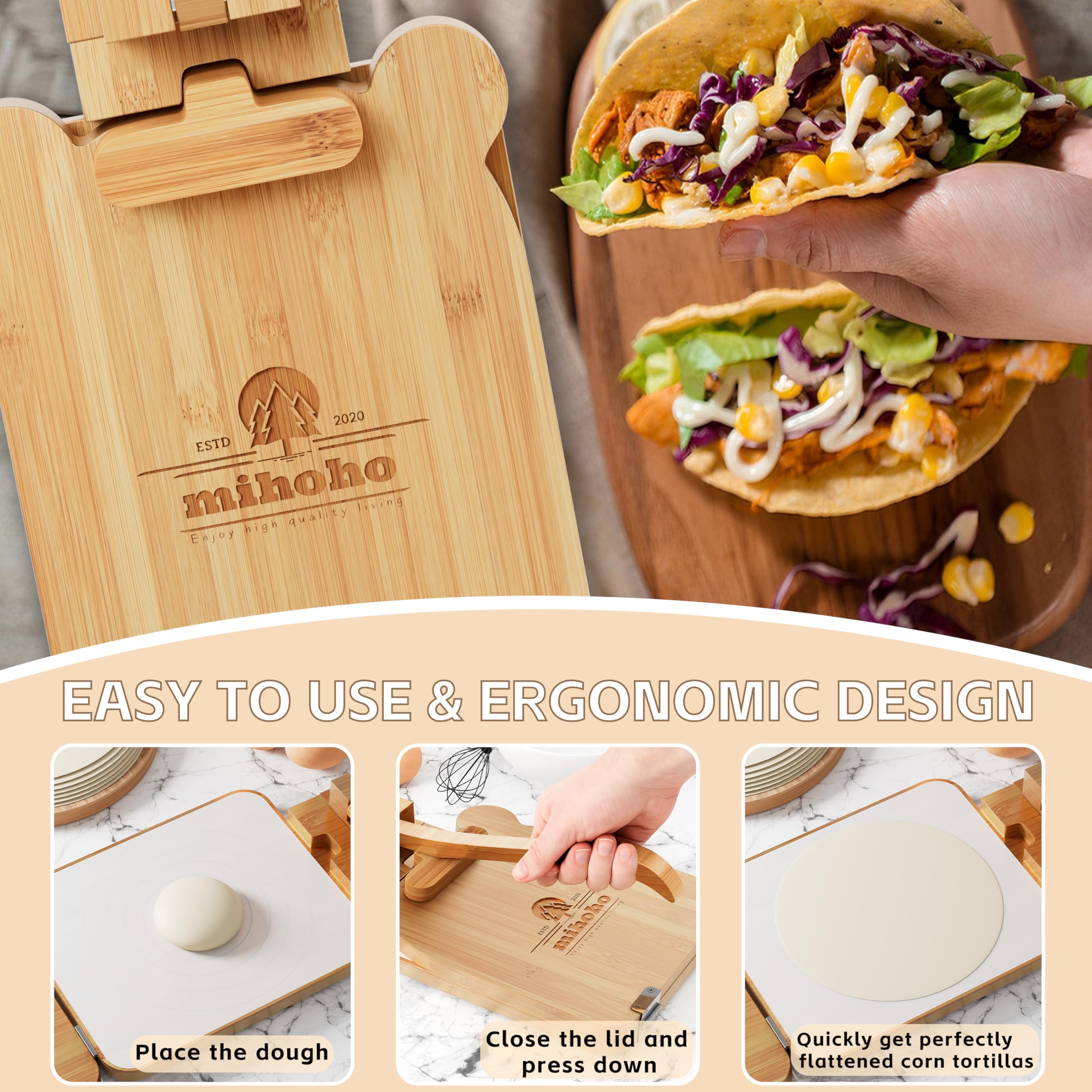 Presse à tortilla en bambou de 25,4 cm, presse à tortillera mexicaine faite maison pour tortillas mexicaines roti burrito, taco, pataconera (bois)