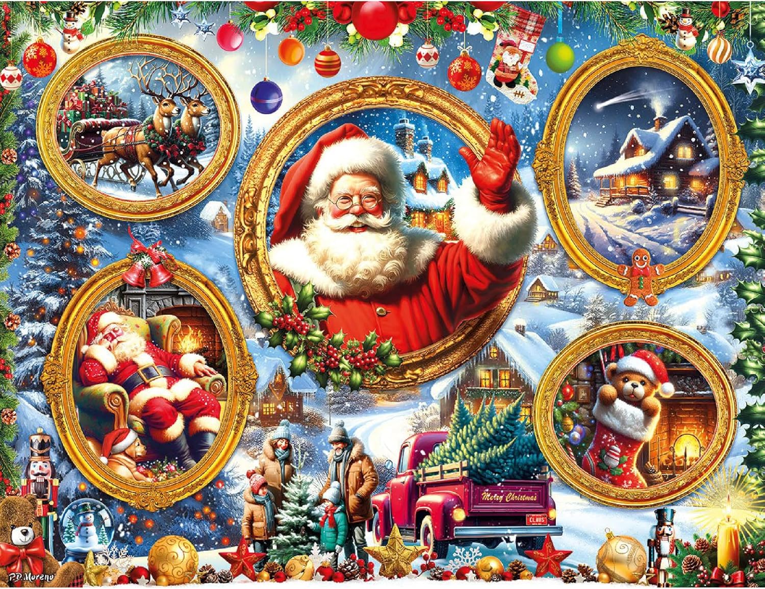 White Mountain 500 Piece Jigsaw Puzzle Winter Santa Collage Puzzles with Large Pieces Gift for Adults 18"x24" - Christmas Frames