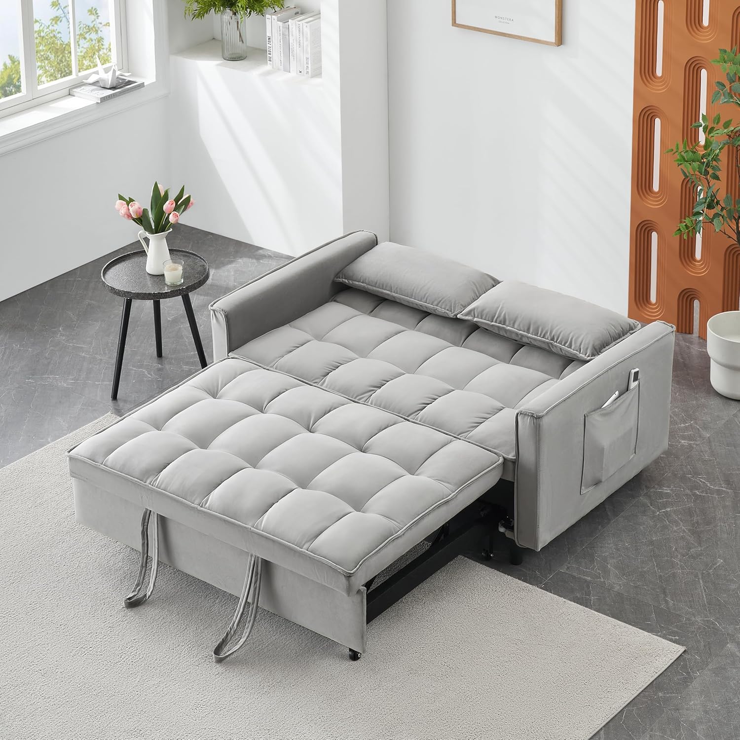 Ball & Cast Velvet Futon Sofa Couch with Pull-Out Bed,3 in 1 Convertible Sleeper Sofa Bed,Convertible Pull Out Couches W/2 Pillows,Adjustable Backrest & Side Pocket,for Living Room,Apartment,Gray,55"