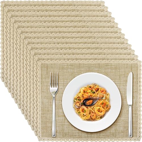 Bencailor Juego de 12 manteles individuales de arpillera, manteles individuales de lino y encaje, manteles individuales rústicos de tela de granja,