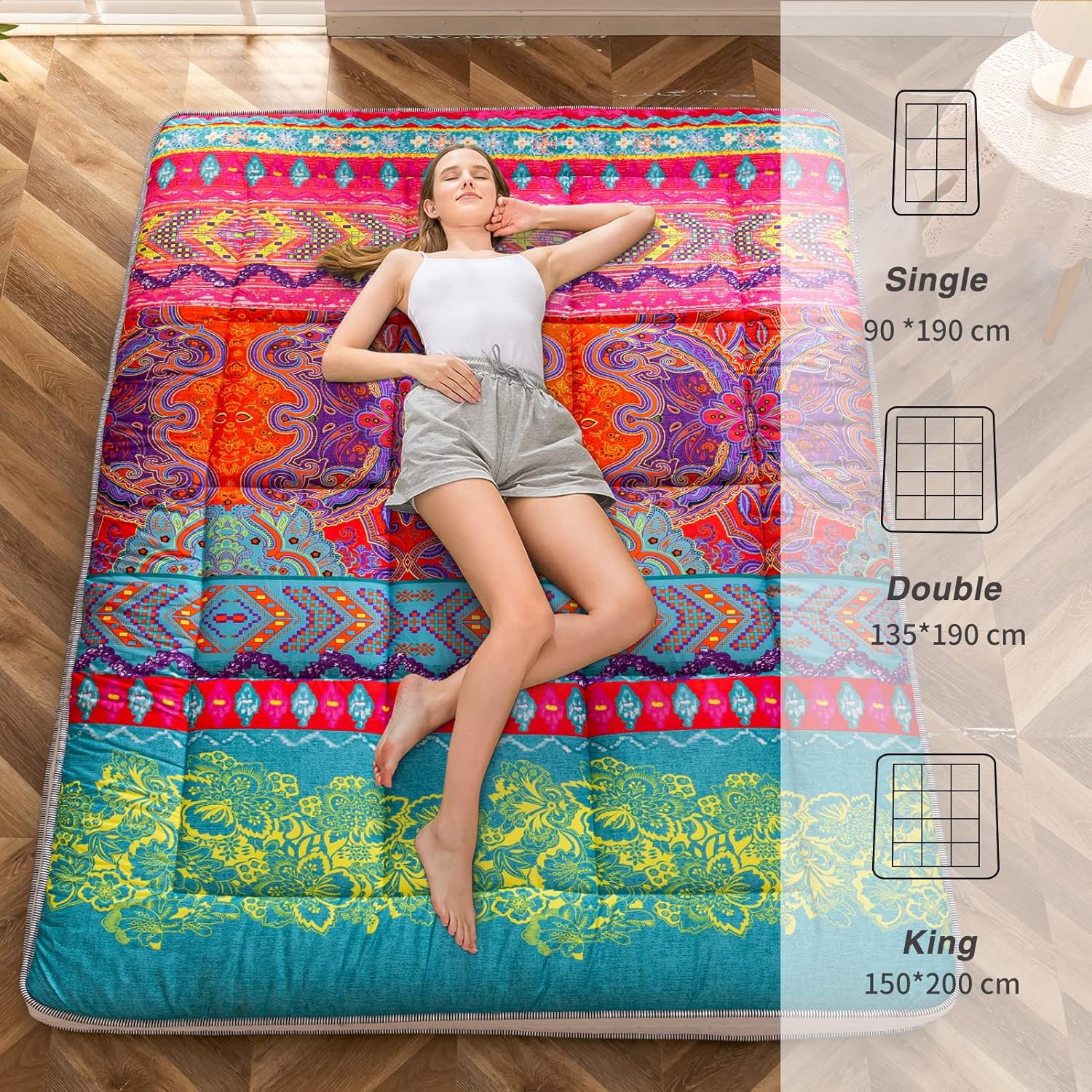 MAXYOYO Bohemian Retro Floor Mattress Vintage Floral Japanese Futon Mattress Roll Up Thicken Sleeping Bed Portable Camping Mattress Floor Lounger Couch Bed Mattress Pad (Thick-Bohemian B, Single) image 4
