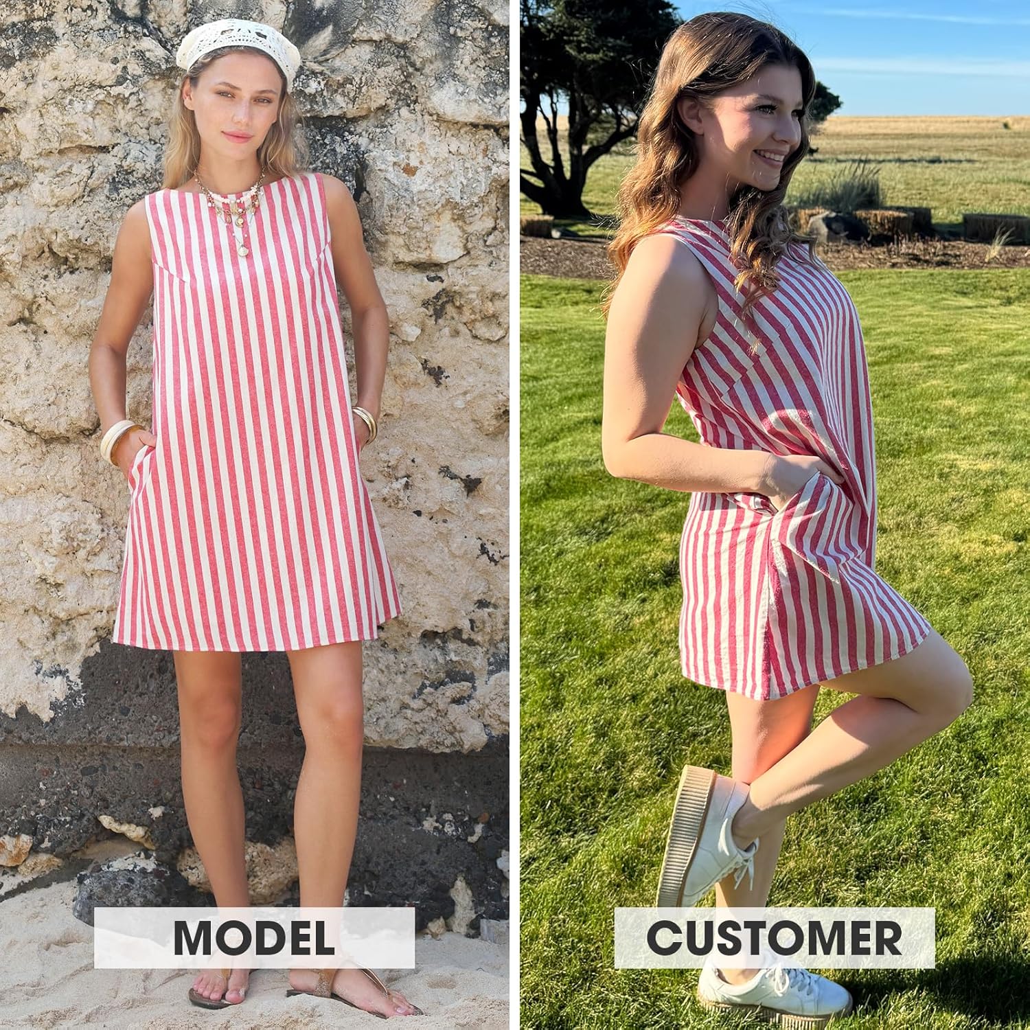 EXLURA Women Summer 100% Cotton Faux Linen Dresses Sleeveless Striped A-Line Mini Sundress Beach Vacation Dress with Pockets