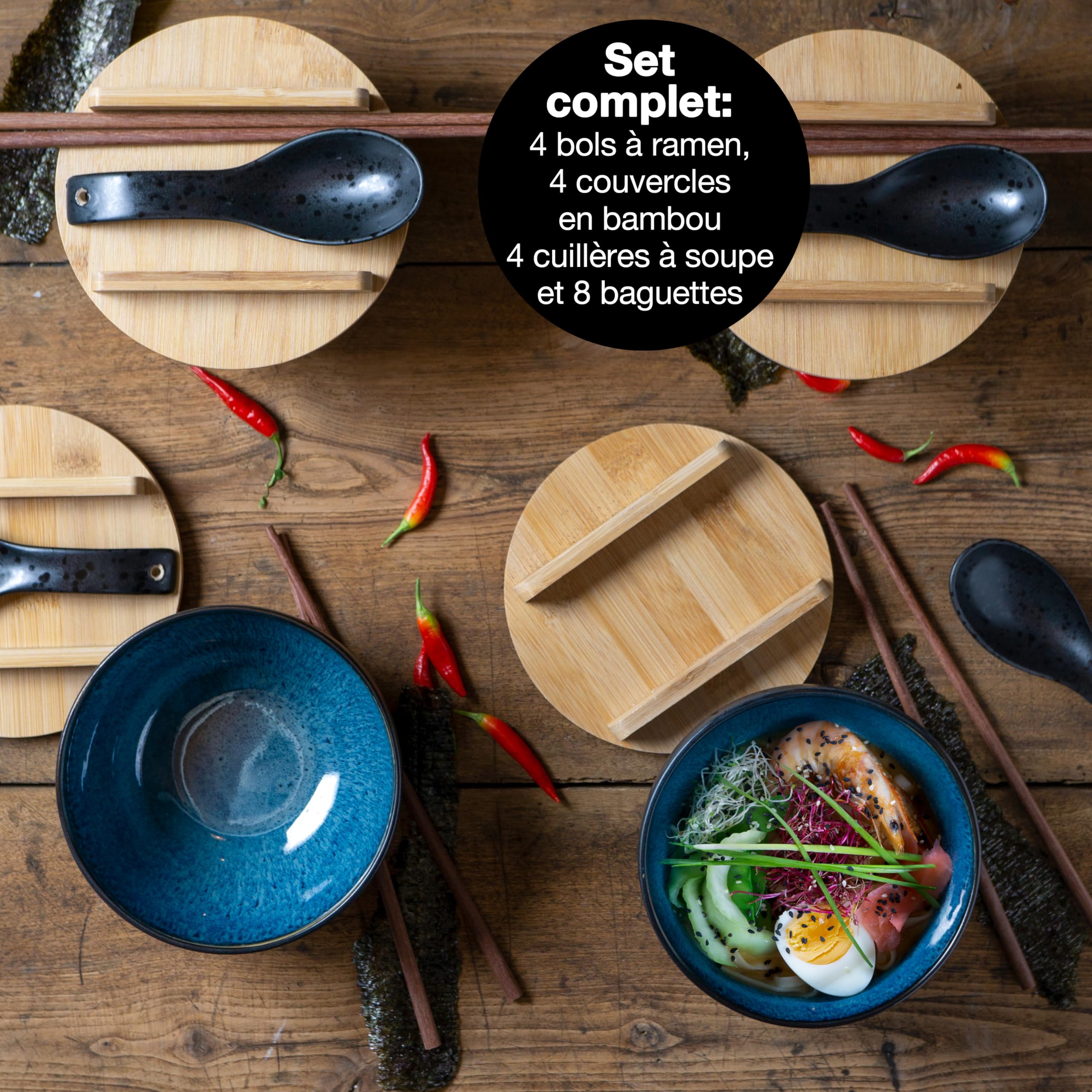 Moritz & Moritz SOLID 4x Set Ramen Bleu Réactif avec couvercle et cuillèreSet Ramen Bowl noir pour 4 personnes - Pour soupe, Pho et Sushi Bowl