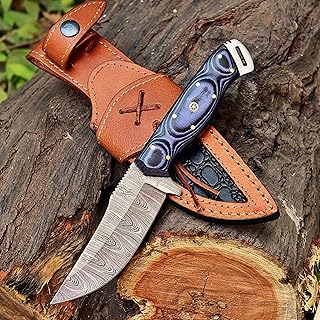 Damascus Steel Handmade Knife Hunting Fixed Blade Skinner Camping Knife with Micarta Handle and Leather Sheath - 9.25" Overall Length G-245 - BG knives