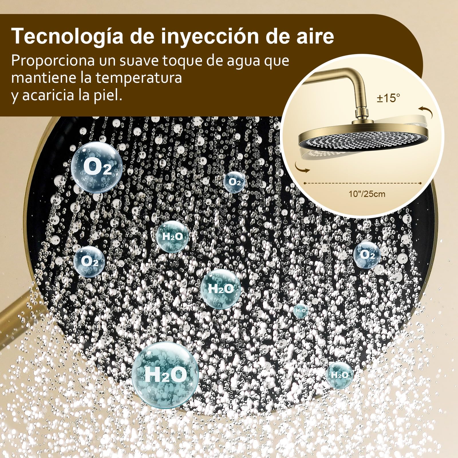 Sistema de ducha completo con termostato para rociador de lluvia de 25 cm y teleducha de 3 chorros Termostato con mando giratorio antideslizante y protección antiescaldaduras