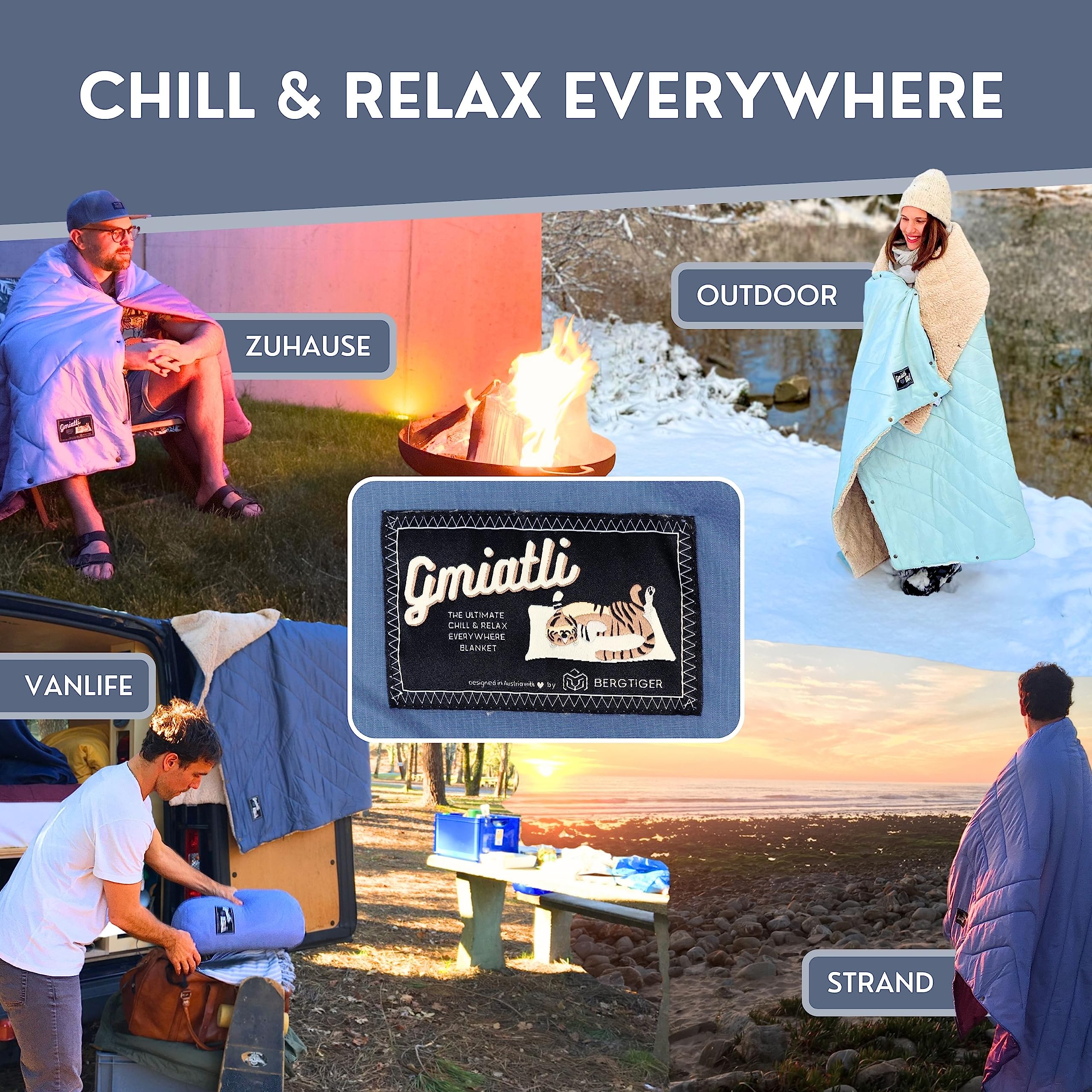 GMIATLI - 3in1 Outdoor Decke warm & gemütlich I Camping Decke wasserabweisend + Teflon EcoElite I Reisedecke Ultraleicht I Indoor & Outdoor Decke, Poncho & Schlafsack I Sherpa & Ripstop