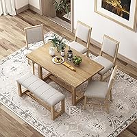 Vista 11 de Merax Juego de mesa de comedor de 6 piezas, mesa rectangular de madera de caucho con base de mesa trapezoidal estable y 4 sillas tapizadas y 1 banco