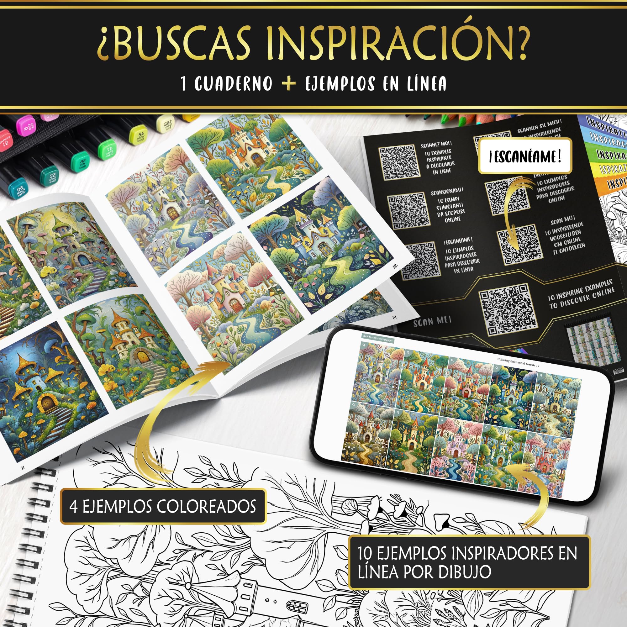 Bosques Encantados Libro de Colorear para Adultos y Adolescentes Papel Premium 200 g/m² Encuadernación en Espiral Fina