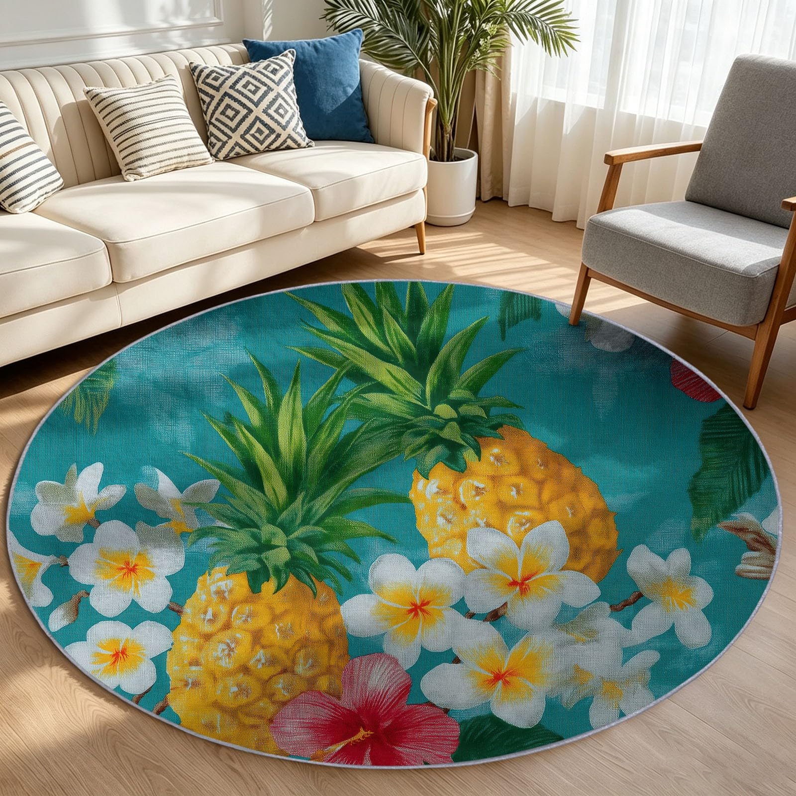 Générique Tappeto rotondo per soggiorno, 120 cm, blu, tropicale, anas, frangipanier piante verdi, morbido e antiscivolo, a pelo corto, facile da mantenere, ideale per camera da letto, sala da pranzo e
