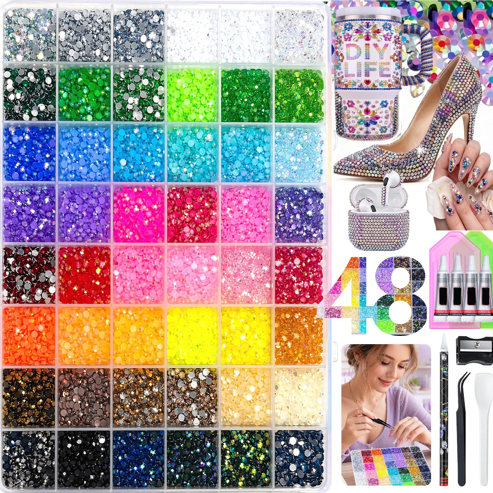 Bedazzling Kit Bedazzler Kit, 38400Pcs 48 Colors Jelly Rhinestones for Bedazzling, 3mm Resin Jelly Flatback Gems for Diamond Art with Glue Tweezer Pickup Pen for Crafting,Clothes Shoes,Nail Art,Phone