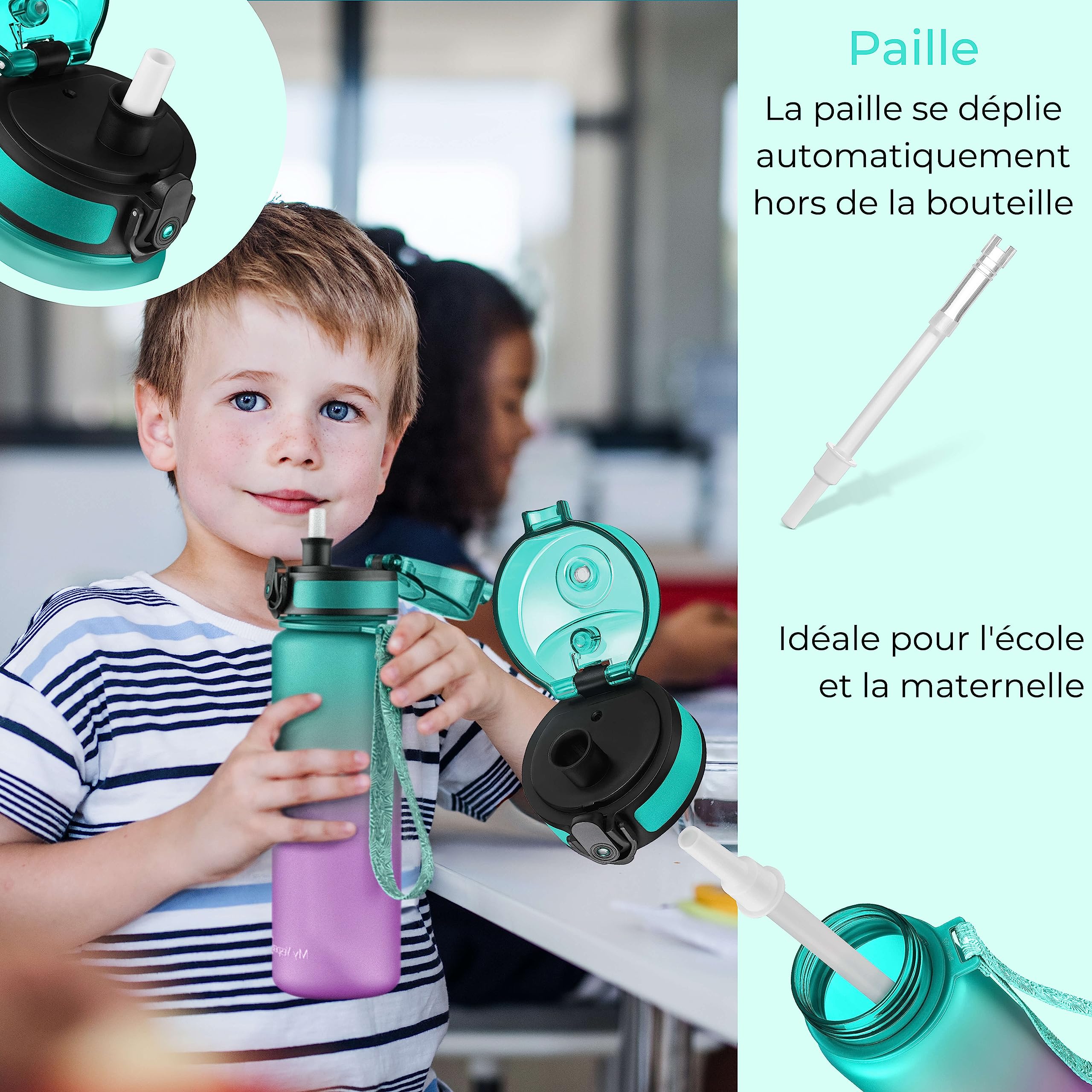 My Vesperbox Bouteille D’Eau Enfant 750 Ml – Étanchéité Parfaite, Sans BPA, Paille Ou Passoire, Violette/Bleue, Crèche & École