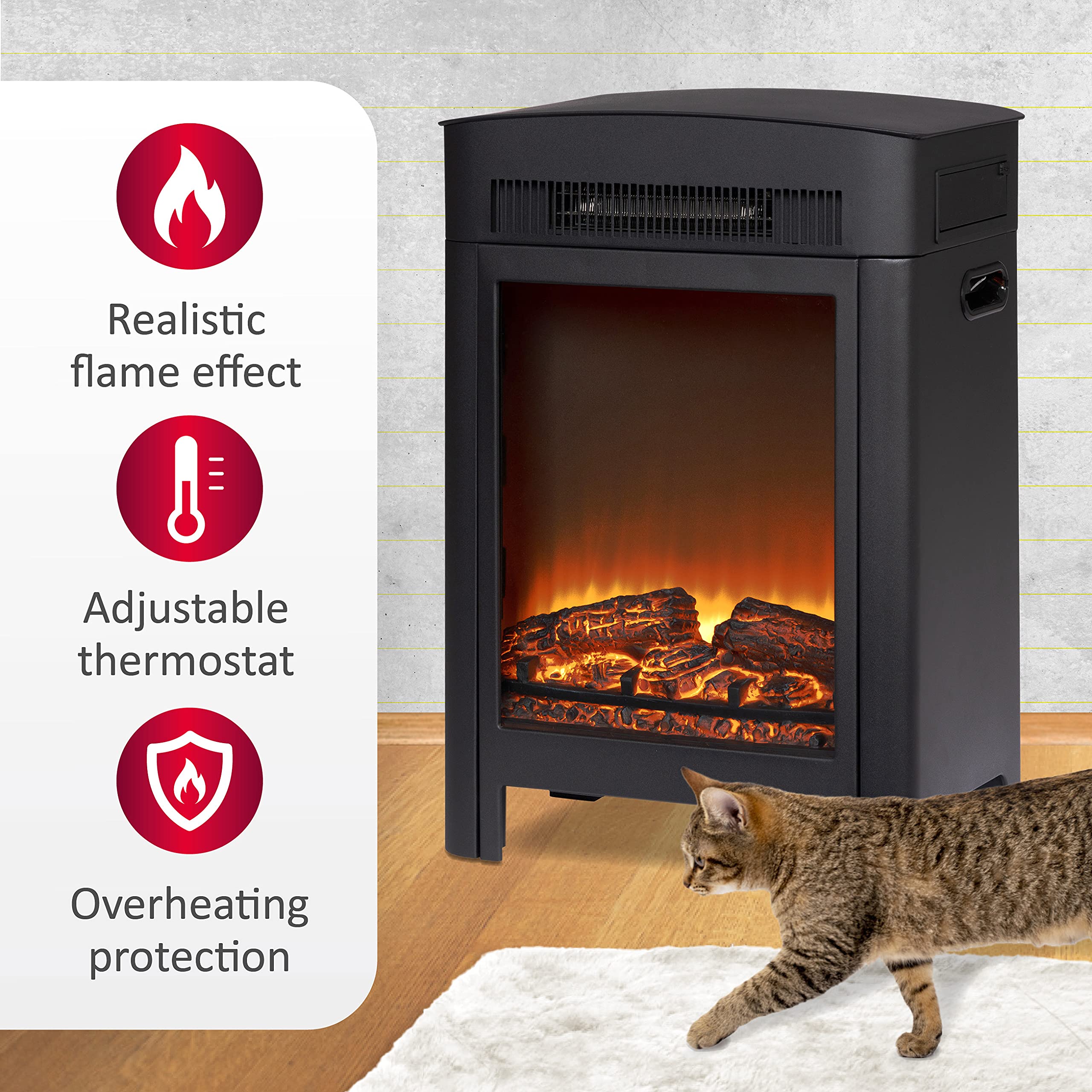 alpina Chimenea Esférica Eléctrica Lucerna – Chimenea Eléctrica Independiente con Calefacción – Estufa Eléctrica 1800-2000W – Efecto Llama Realista – Chimenea Eléctrica Compacta