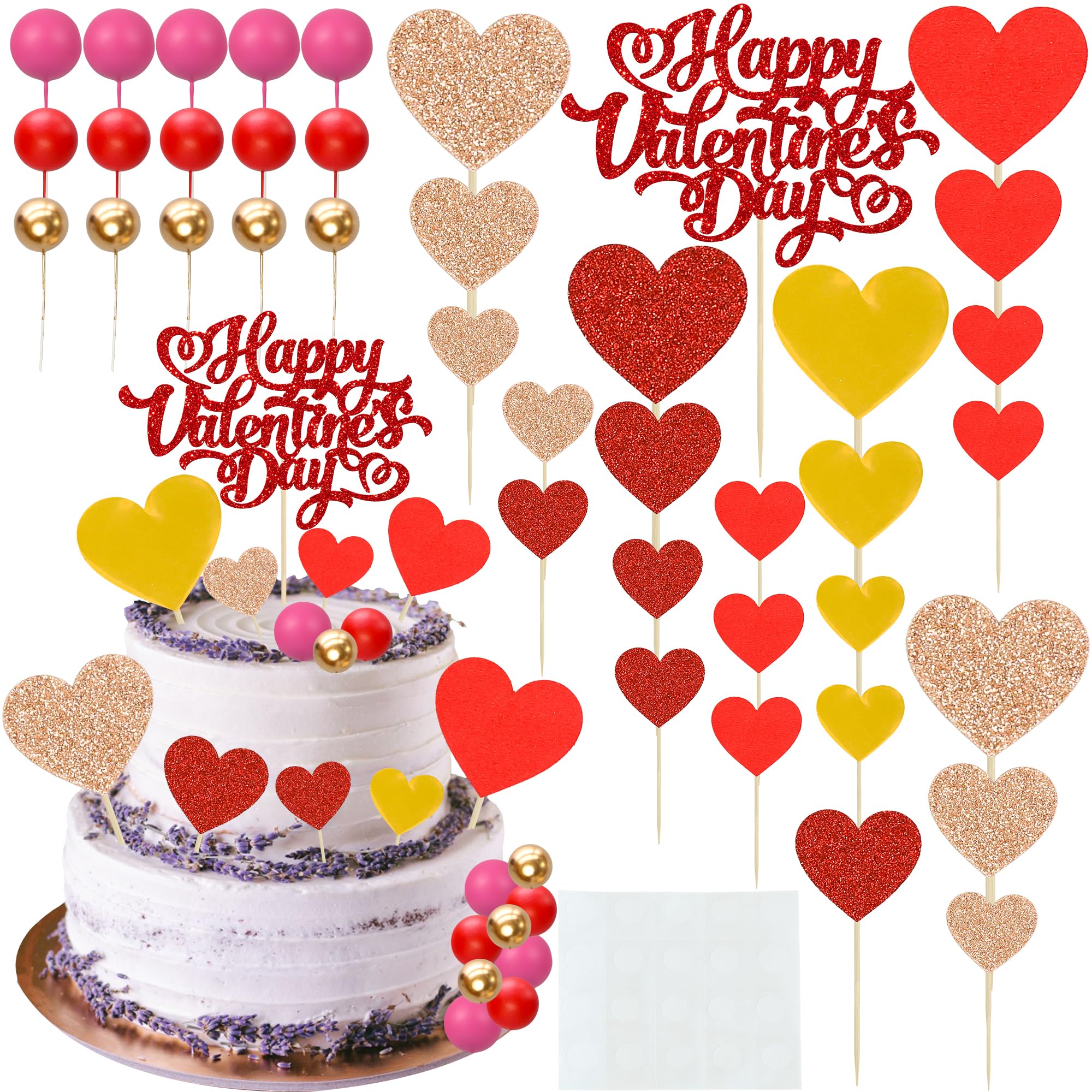 Gyufise Happy Valentine's Day Cake Toppers Red Heart Cupcake Decorations Foam Ball Cake Decorations for Wedding Anniversary Engagement Supplies Multicolor