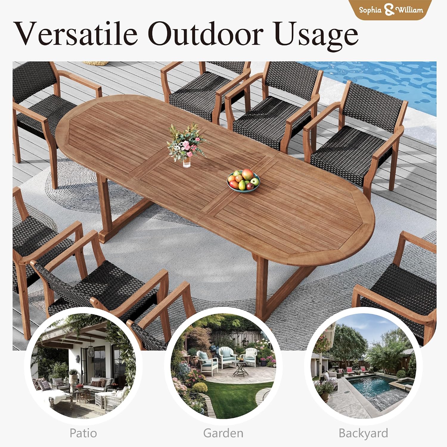 Sophia & William Patio Outdoor Table and Chairs Set, Patio Dining Sets for 8, 9 Pieces Patio Table Set Acacia Wood Table Expandable and Rattan Chairs for Backyard Deck Porch Outside