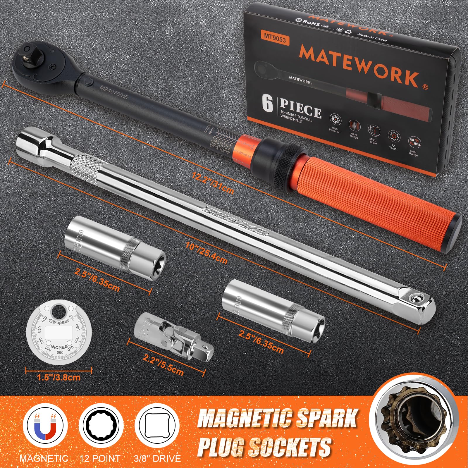 6-Piece Spark Plug Torque Wrench Set 3/8 Inch Drive, 10-45 FT.LB (13.6-61Nm) with Magnetic Spark Plug Sockets, 12-Point Socket 14 & 16mm, Spark Plug Gapper, Universal Joint and 10