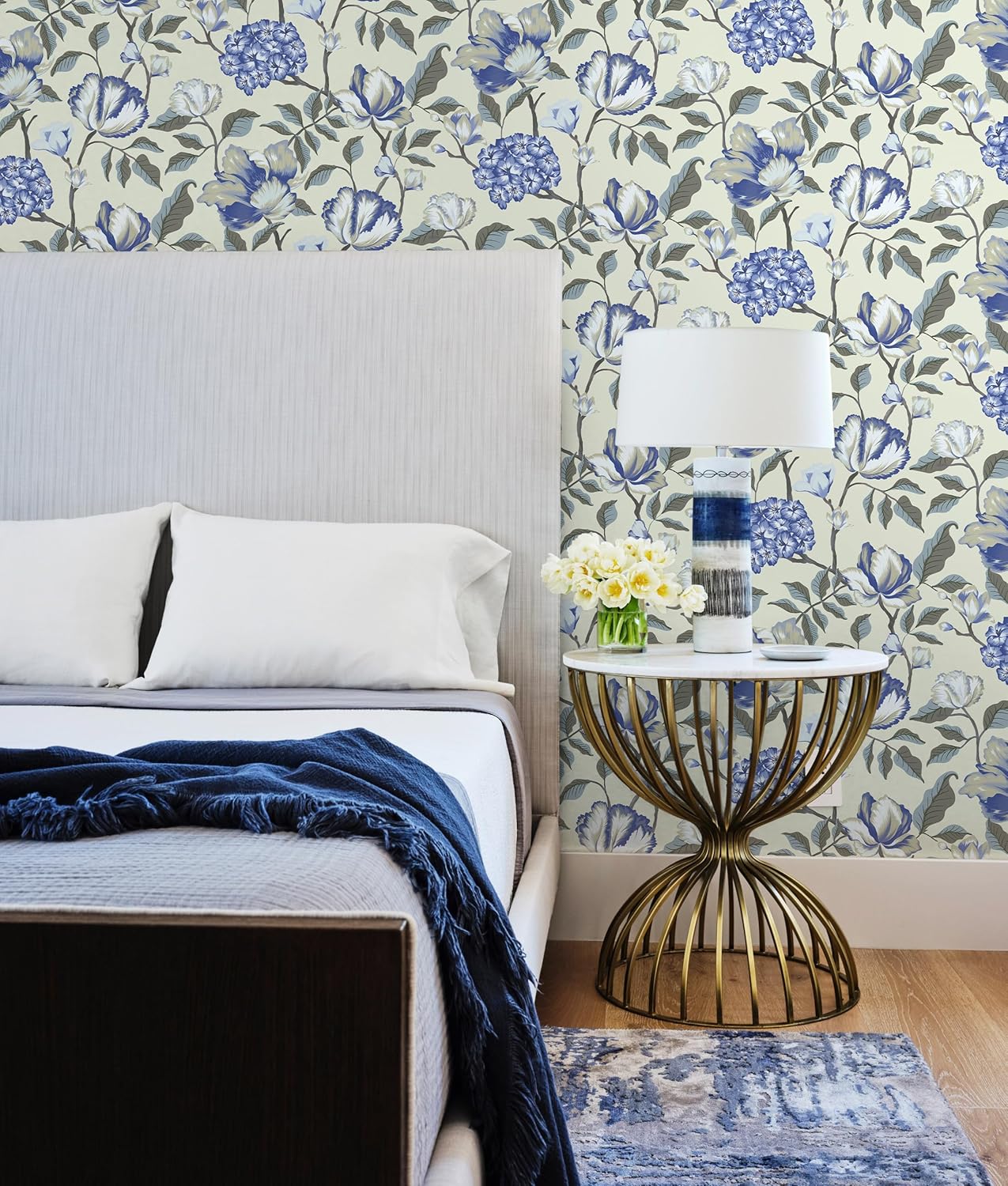 Guvana 197"x17.32" Blue Floral Wallpaper Vintage Peel and Stick Wallpaper Floral Contact Paper Blue and Yellow Removable Wall Paper for Walls Cabinets Drawer