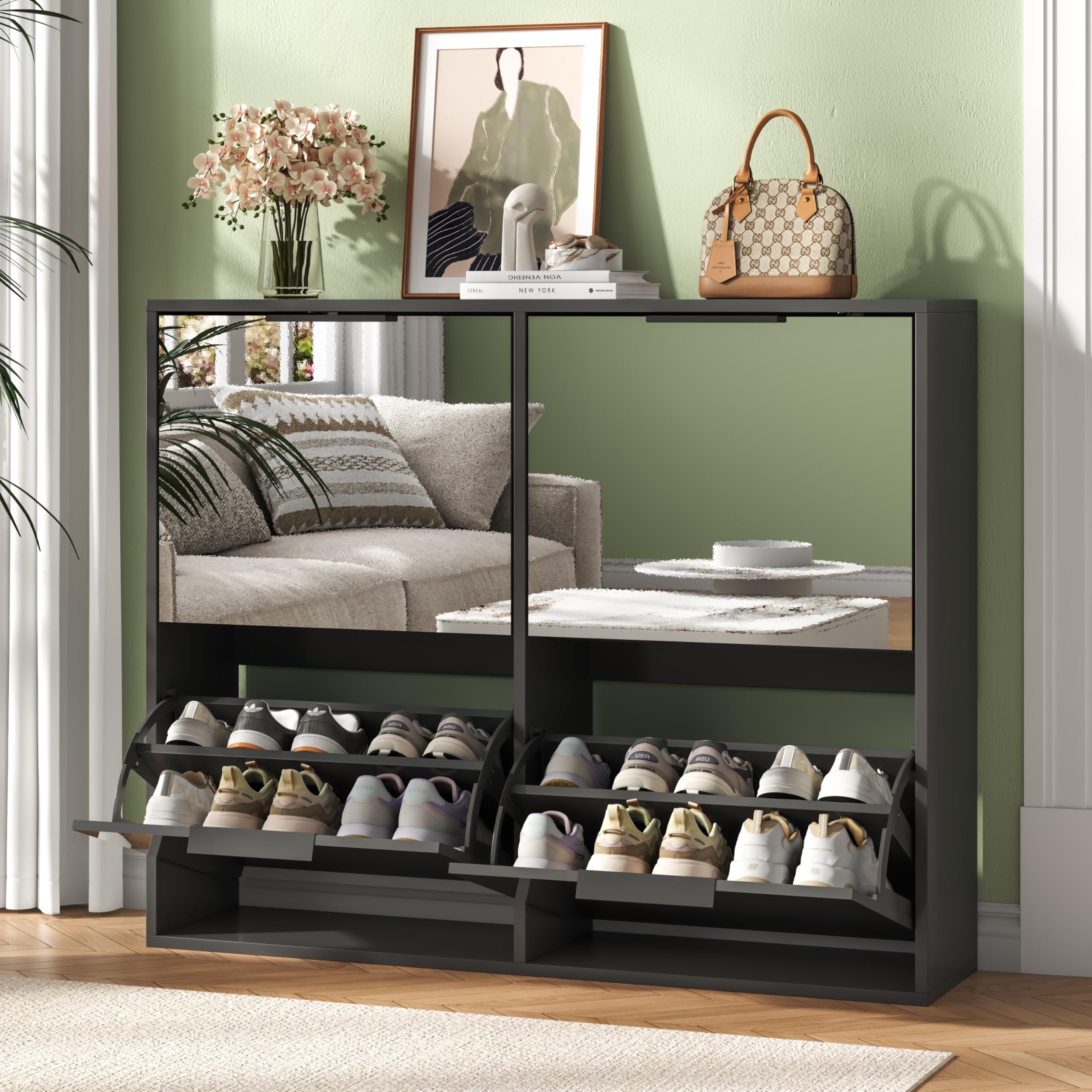 UEV Wide Mirror Shoe Cabinet with 4 Flip Drawers, Wall-Mounted Ventilated Storage Unit, Space-Saving Organizer for Hallway, Bedroom or Small Flats, Mirror Black — image 1