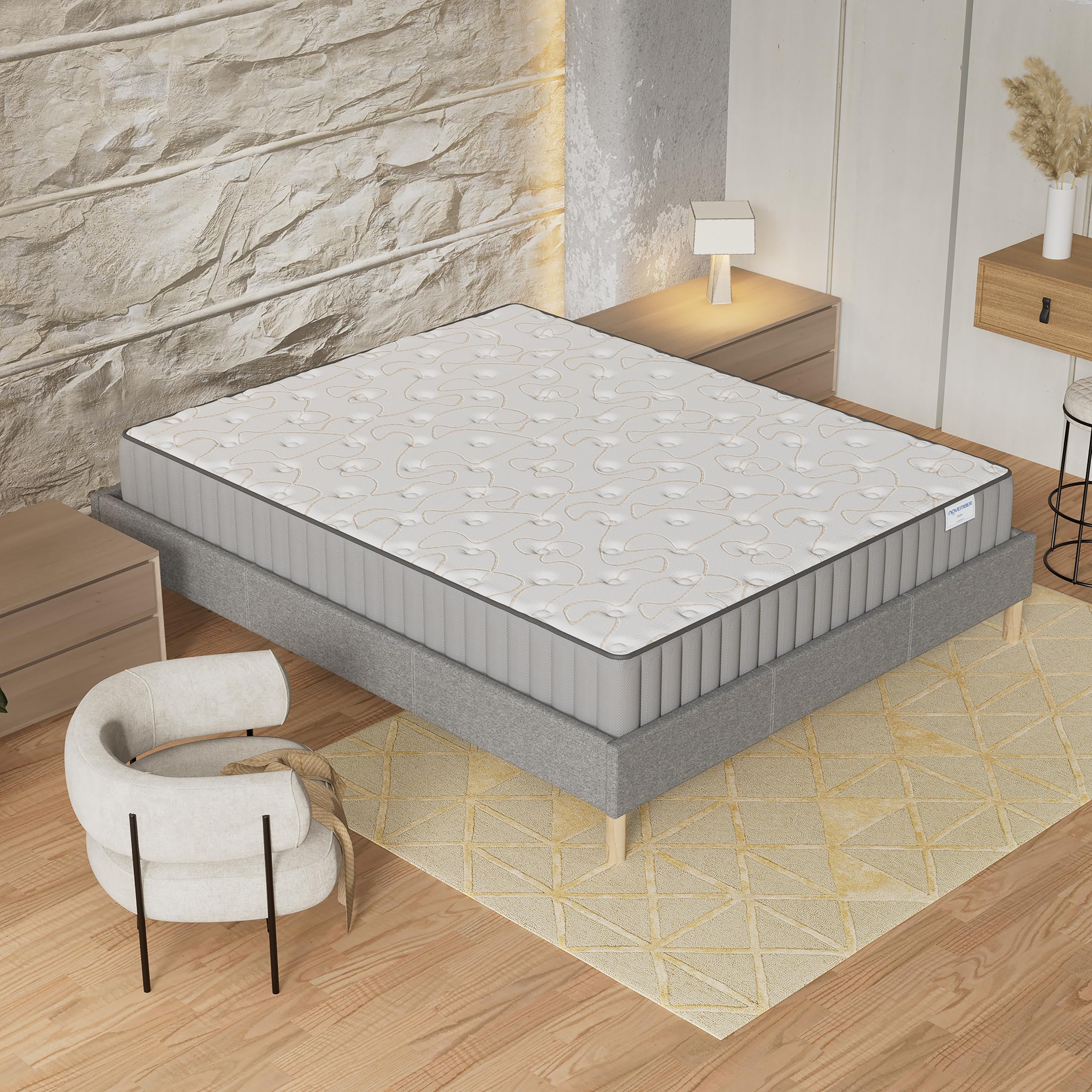 NOVEMBER- Ensemble Matelas + sommier (160 x 200cm)- Matelas Orionis Mousse Mémoire de Forme & Mousse Haute Densité d’épaisseur 22cm + Sommier Bois Stable & Robuste revêtement Tissu Gris
