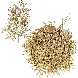 15 Pcs Gold Glitter Artificial Cedar Sprigs Picks Faux Cedar Branches Stems Christmas Tree Picks Sprays 15.4