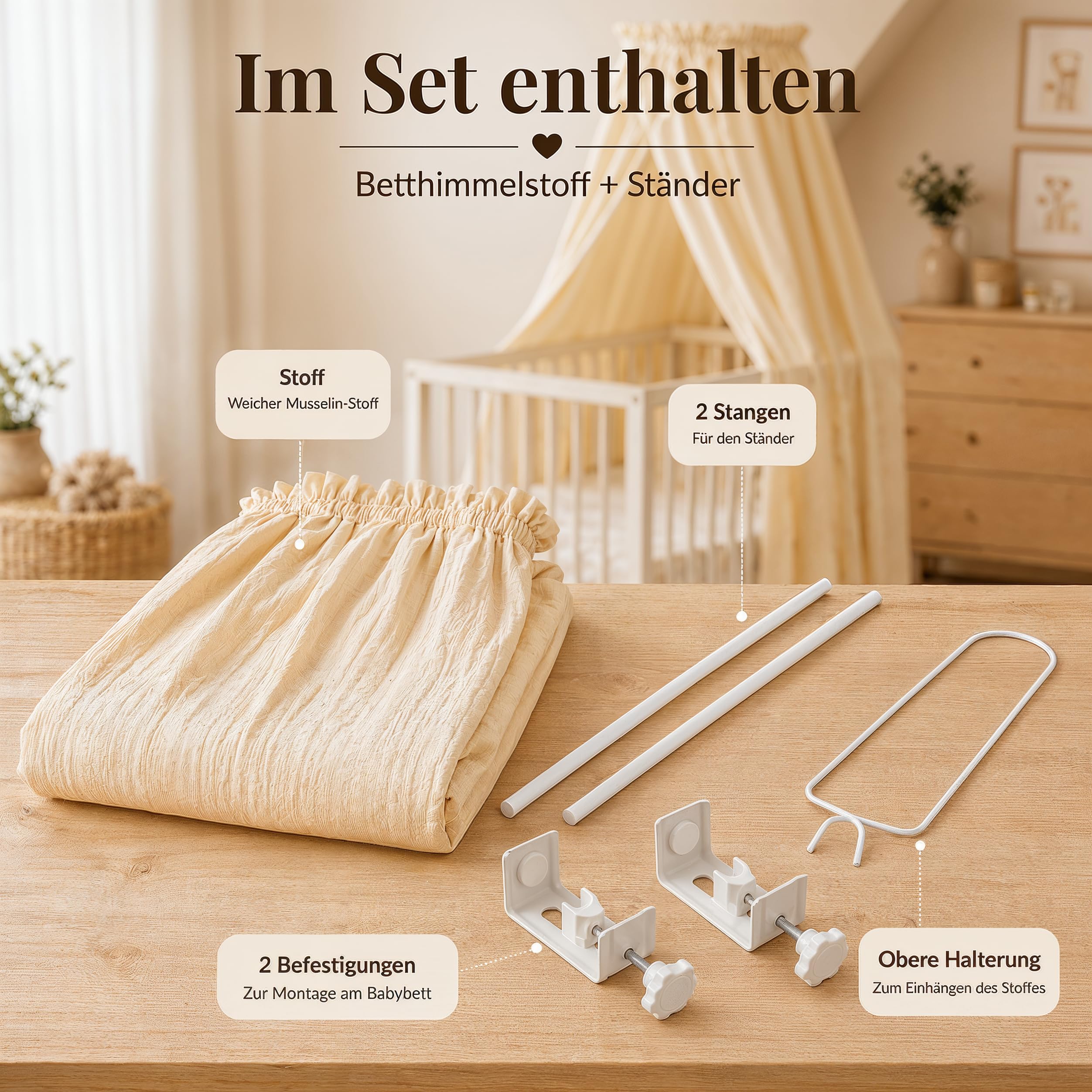 Betthimmel Babybett Set - Musselin Stoff mit montierter Himmelstange - Baldachin für Babybett zum Anklemmen - Himmelbett Vorhang & Kinderzimmer Deko in 135cm (Creme)