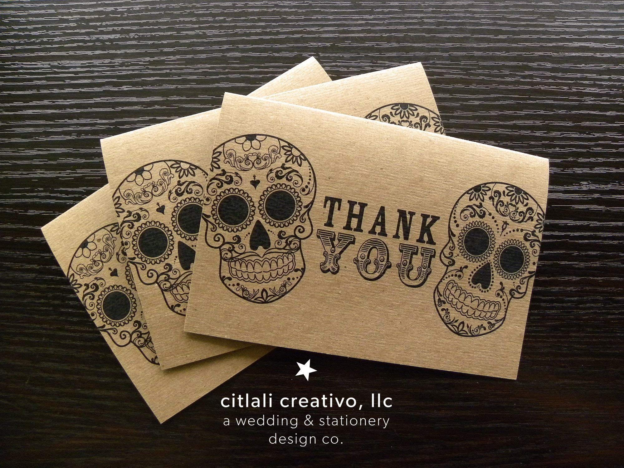 Kraft Sugar Skulls Thank you cards Set of 4 or 12 Blank Note cards + Envelopes