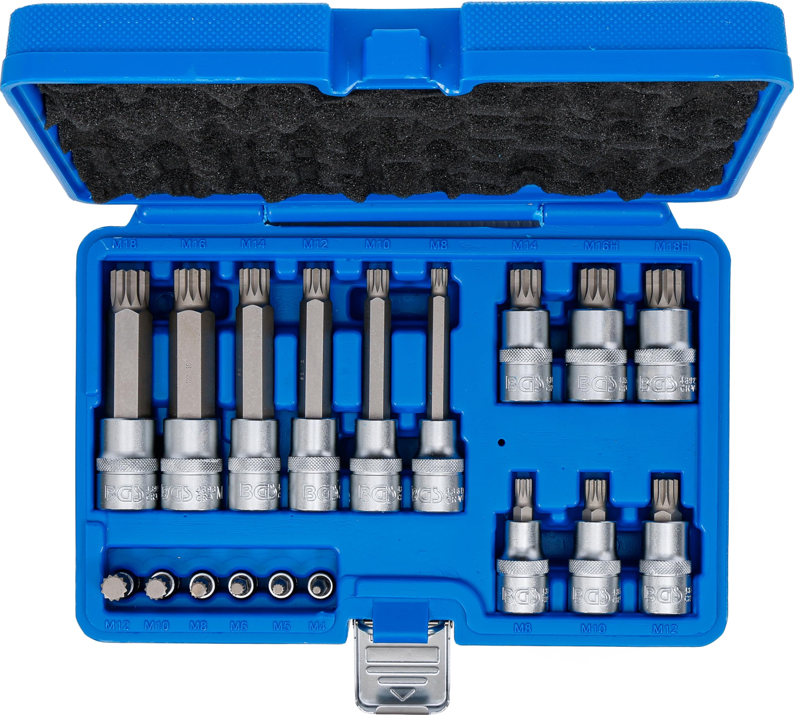 BGS 5172 | Juego de puntas de vaso | entrada 6,3 mm (1/4") / 12,5 mm (1/2") | dentado múltiple interior (para XZN) | 18 piezas