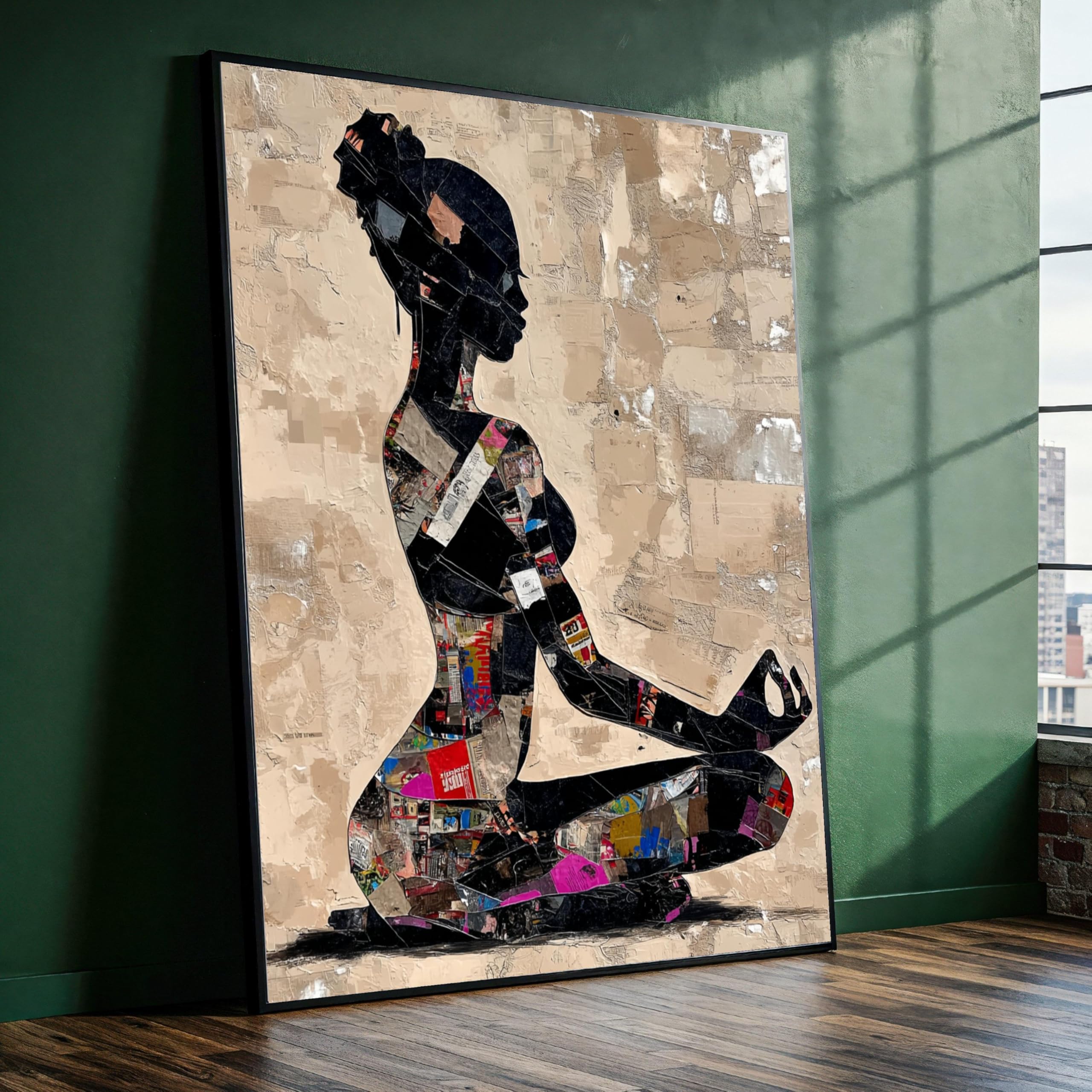 YUSUZHU Meditation Woman Silhouette Canvas, Abstract Yoga Pose Wall Art, Mixed Media Collage Canvas, Spiritual Home Decor Artwork(21x30cm/Frameless)