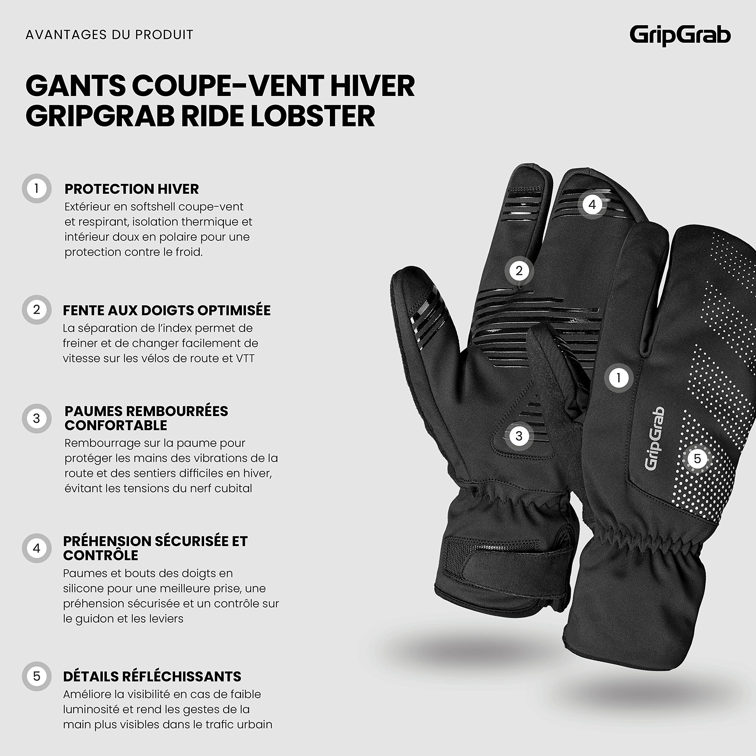 GripGrab Gants de Cyclisme Hiver Coupe-Vent Ride Lobster 3-Doigts Gants de Vélo Homard Rembourré