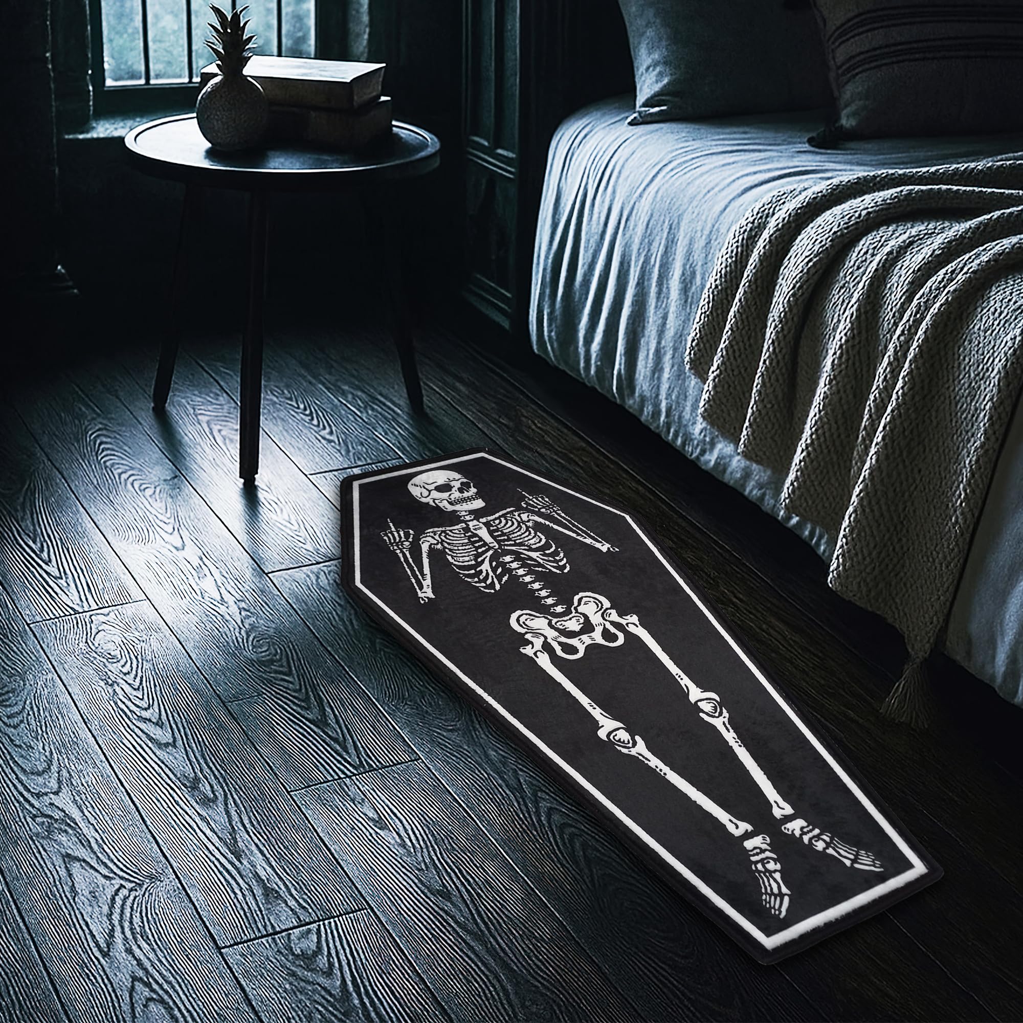 Lumirug Coffin Shaped Plush Rug Gothic Tattoo Style Floor Mat Alternative Halloween Decor Nonslip Machine Washable Soft Accent Carpet 100x200 cm