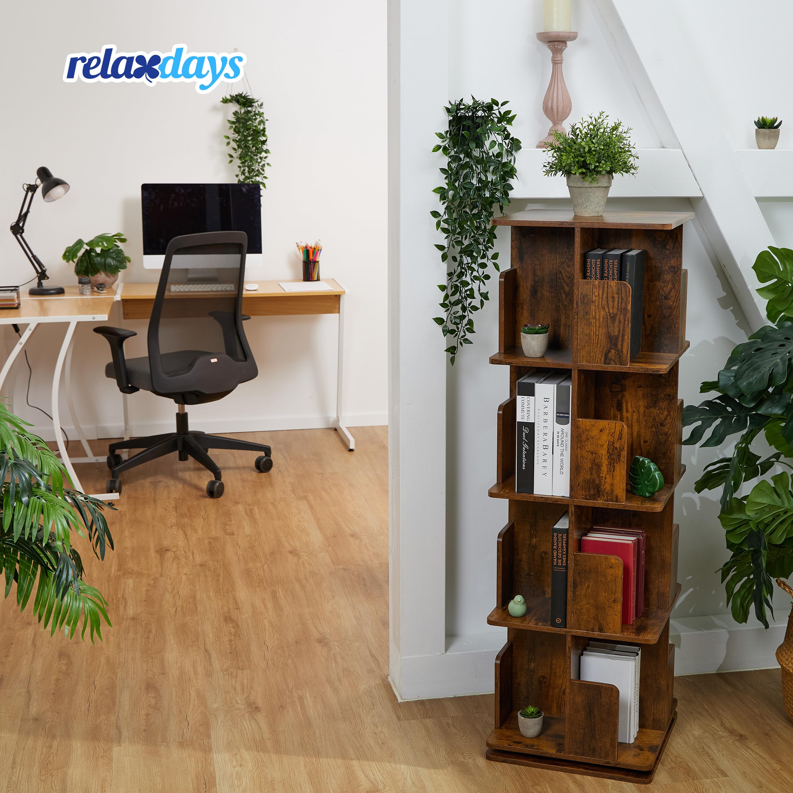 Relaxdays Bücherregal, 360 Grad drehbar, 4 Ebenen, Industrial Design, HxBxT: 125,5x39x39 cm, Wohnzimmer Drehregal, braun