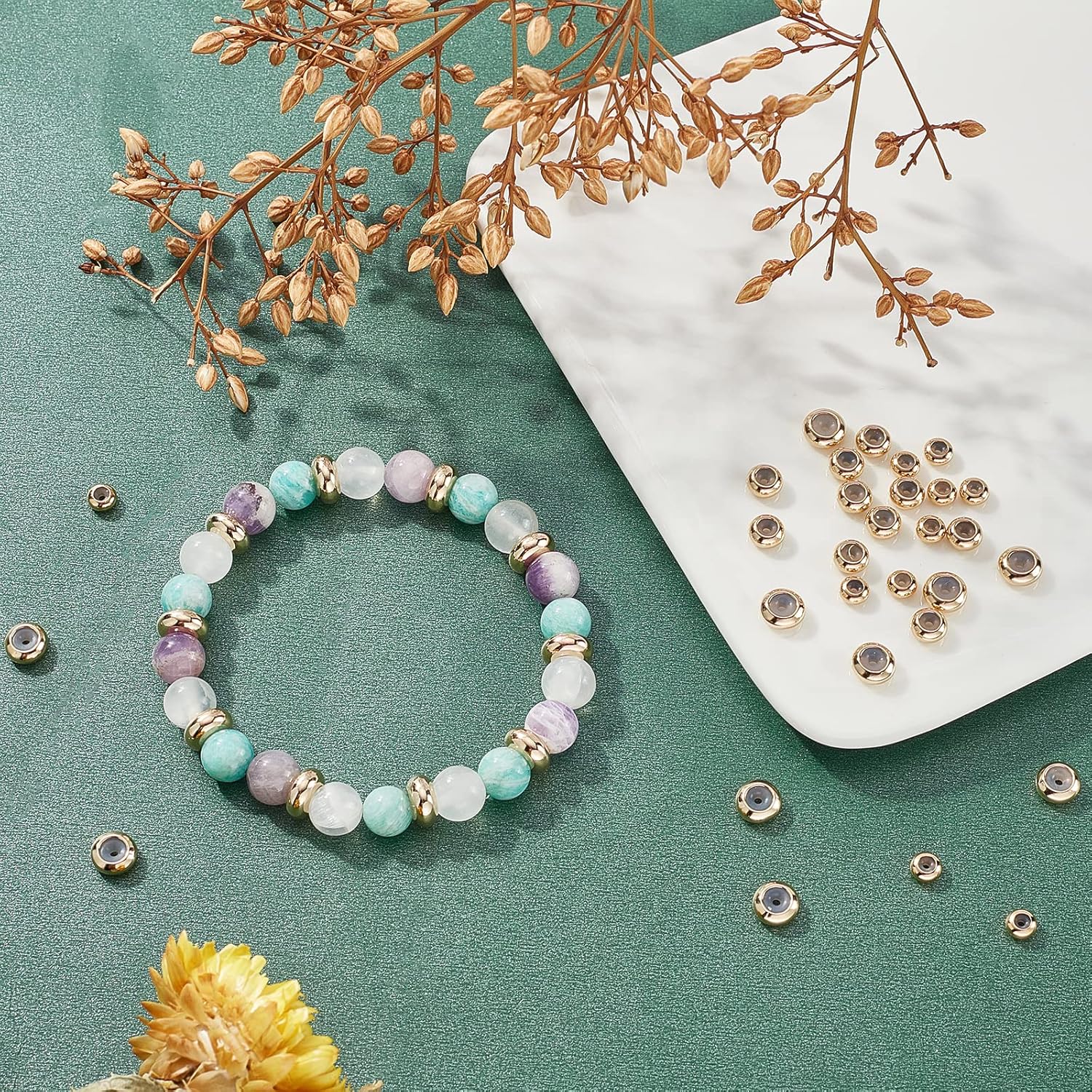 PH PandaHall 24K Gold Plated Stopper Spacer, 4 Sizes Brass Rubber Beads 40pcs Adjustable Slider Beads Insert Rubber Stopper Positioning Spacer for Beaded Garden Decor Bracelet Jewelry Making - Image 5