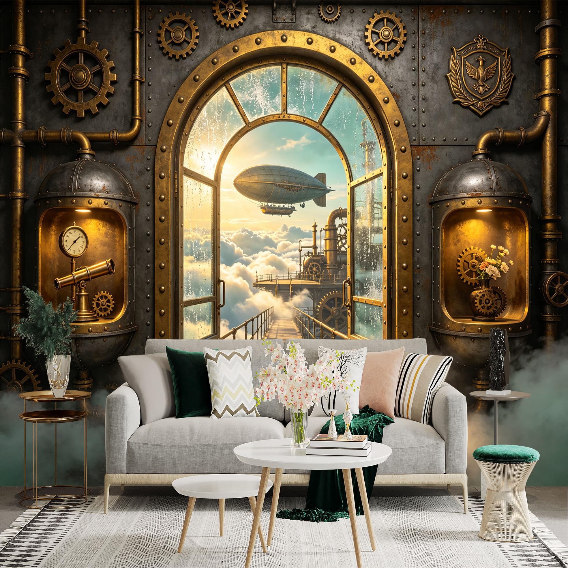 Lnzczhyre Bh260719298 Custom Size Wall Sticker Mural， Steampunk Airship Portal， Industrial Gears， Vintage Sky Scenery， For Wall Decoration， Peelandstick Wall Decals.