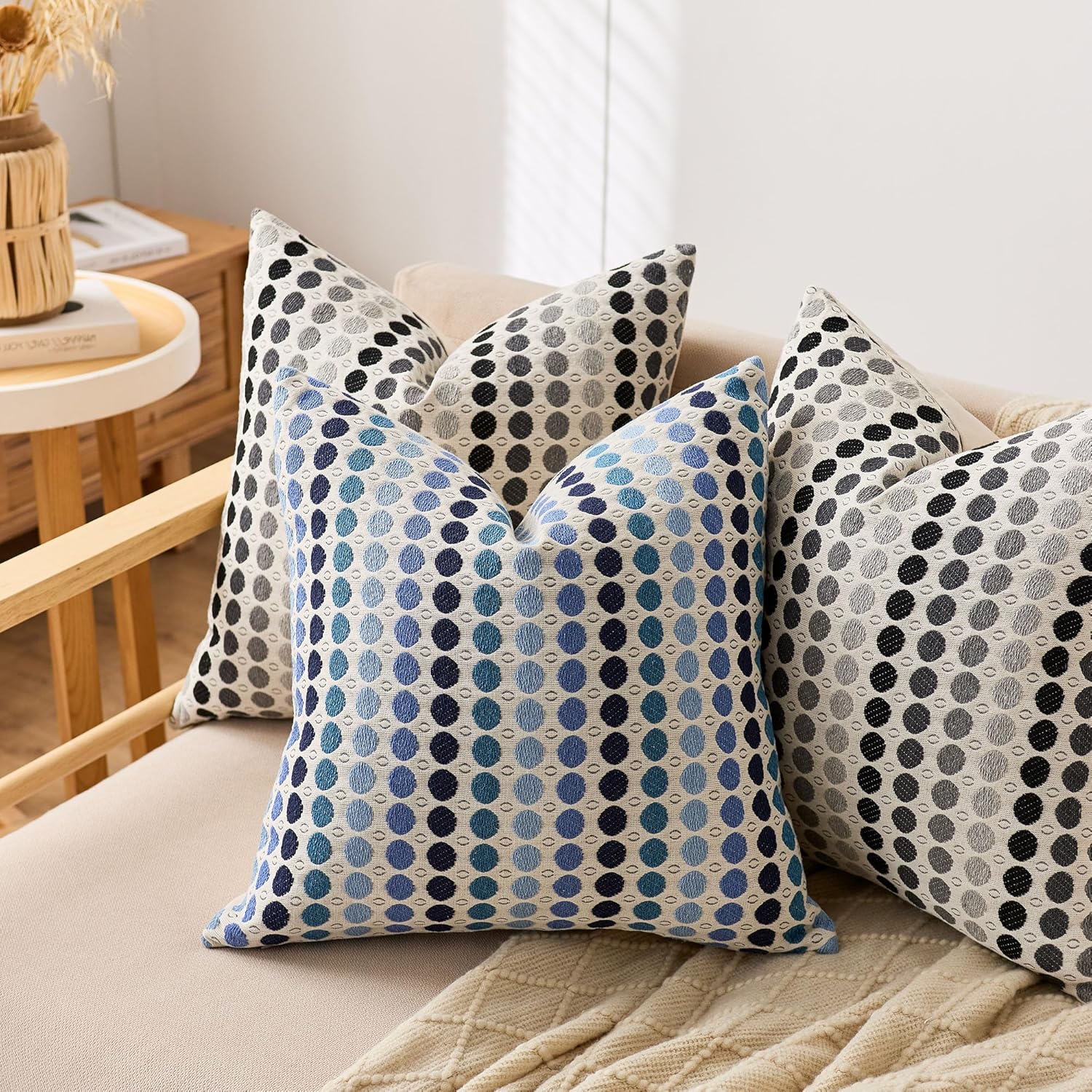 Boho Throw Pillow Covers 20x20 Set of 2, Geometric Polka Dots Decorative Pillowcases for Couch, Sofa, Bed & Living Room, Black Gray Neutral Textured Accent Home Decor - Image 4