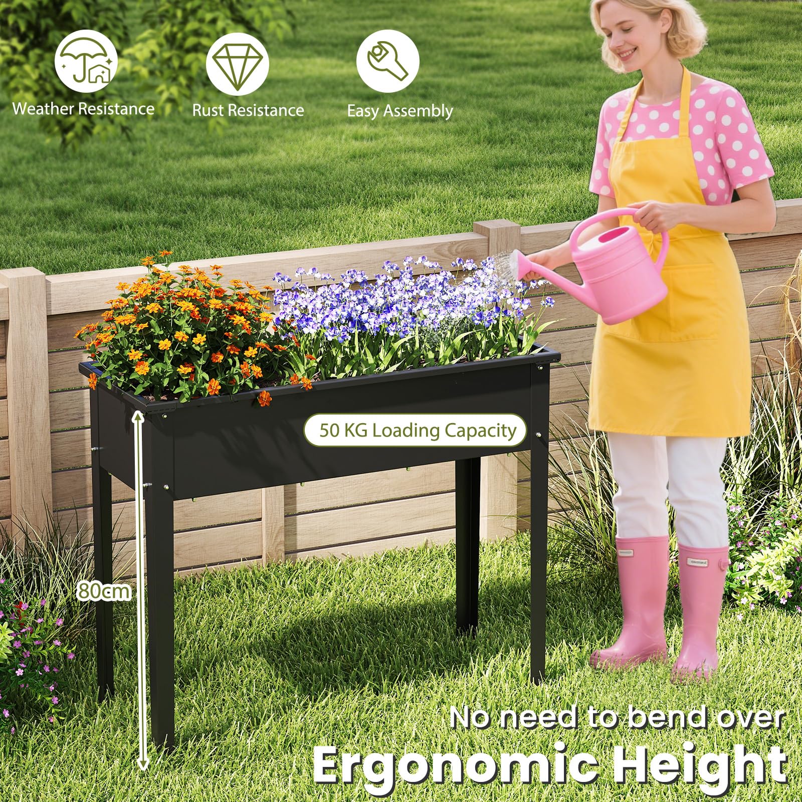HOMASIS Huerto Elevado Terraza, Grande Jardinera Elevada para Exterior con Rectangular Macetero, Mesa de Cultivo en Casa para Plantas, Vegetales, Flores, Negro (100 x 40 x 80 cm)