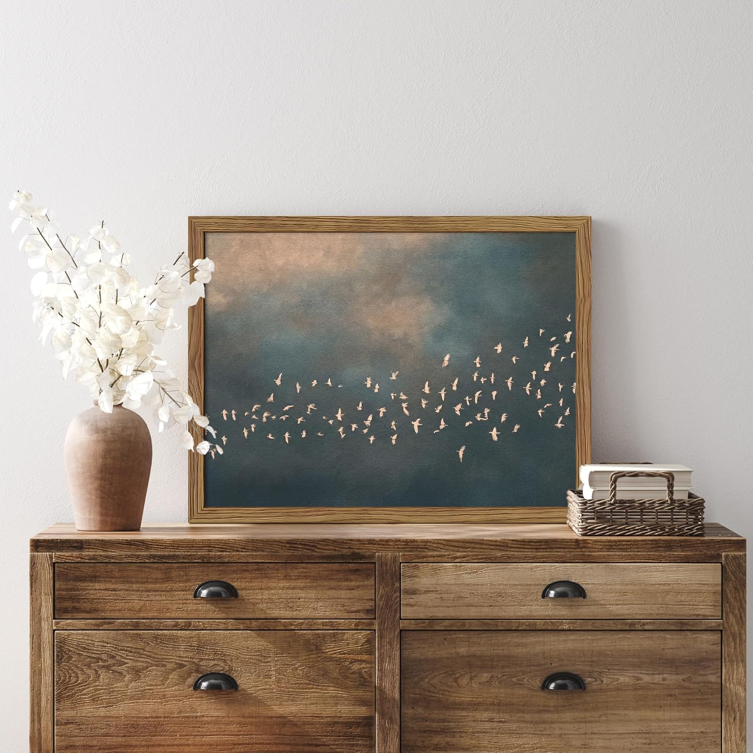 Flock of Birds Framed Wall Art, Vintage Minimalist Abstract Landscape Painting with Wood Frame, Neutral Bird Picture Canvas Print Wall Decor for Living Room Bedroom 12x16 inch