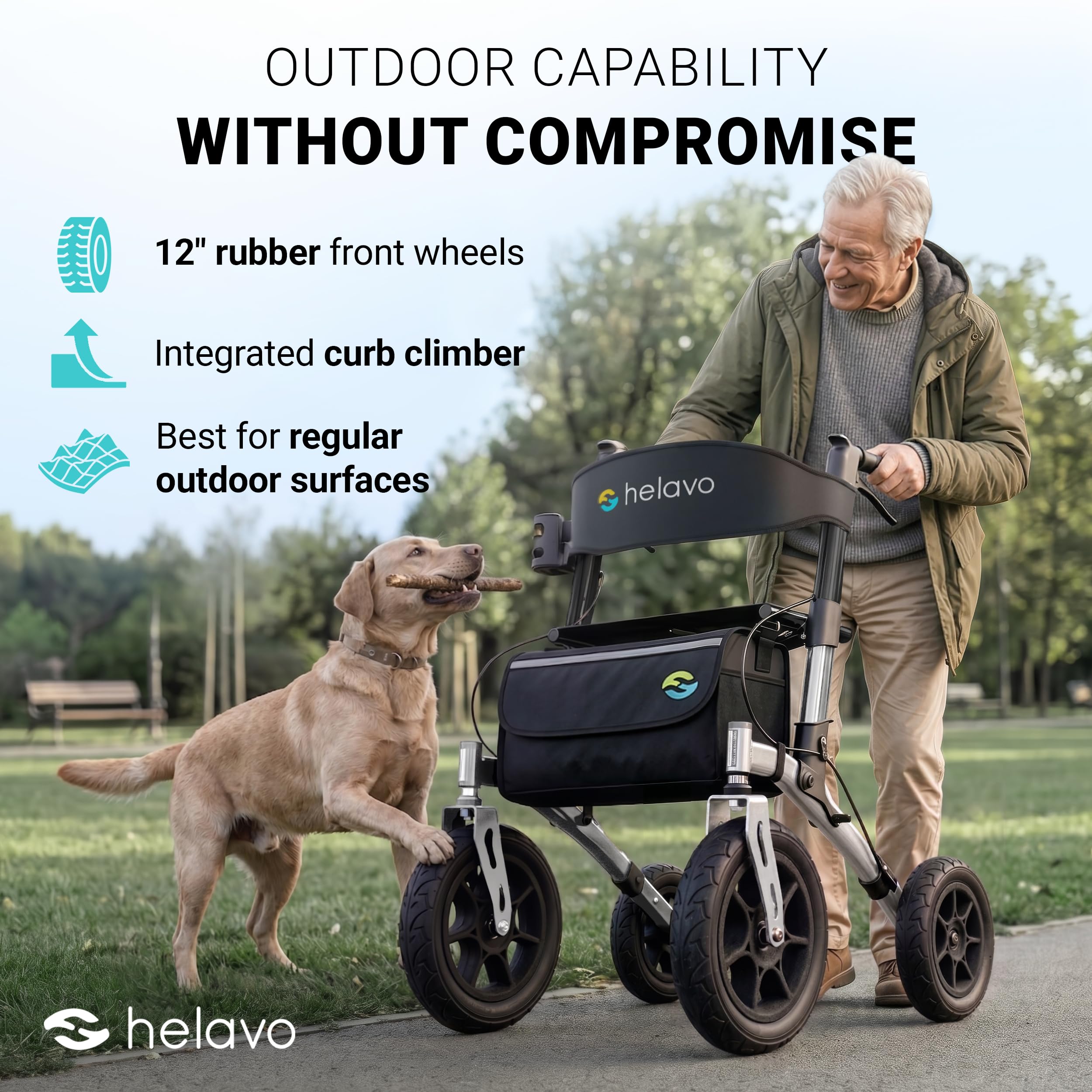 Helavo All Terrain Walker, 12" Solid Rubber Tires, Outdoor Rollator Walker — Amazon image 2
