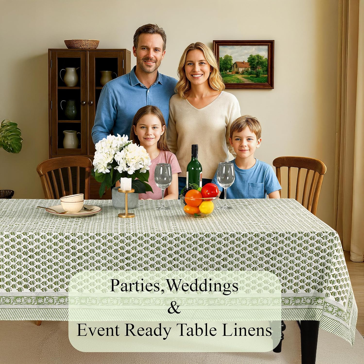 CPC Tablecloth 100% Cotton 60x60 Inch Indian Block Print Square Table Cover, Table Cloth for Weddings, Spring/Summer, Barbeque - Emerald Green - Image 3