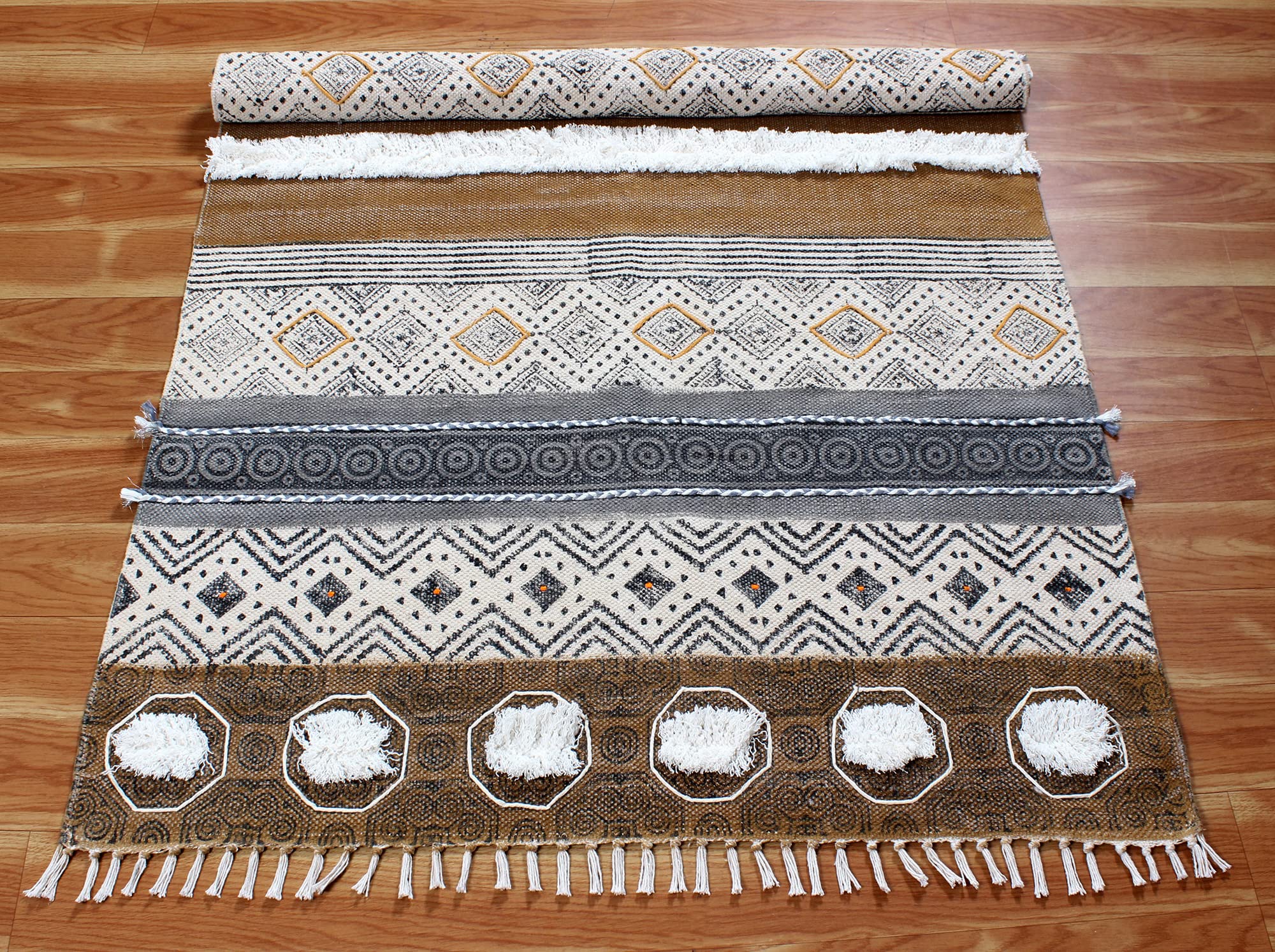 Handblockbedruckter Baumwoll-Dhurrie-Kelim-Teppich, handgefertigt, für den Innenbereich, Schlafzimmer, Dekoration, Teppich, flach, gewebt, böhmisch, geeignet für 240 x 330 cm (8 x 11 Fuß)
