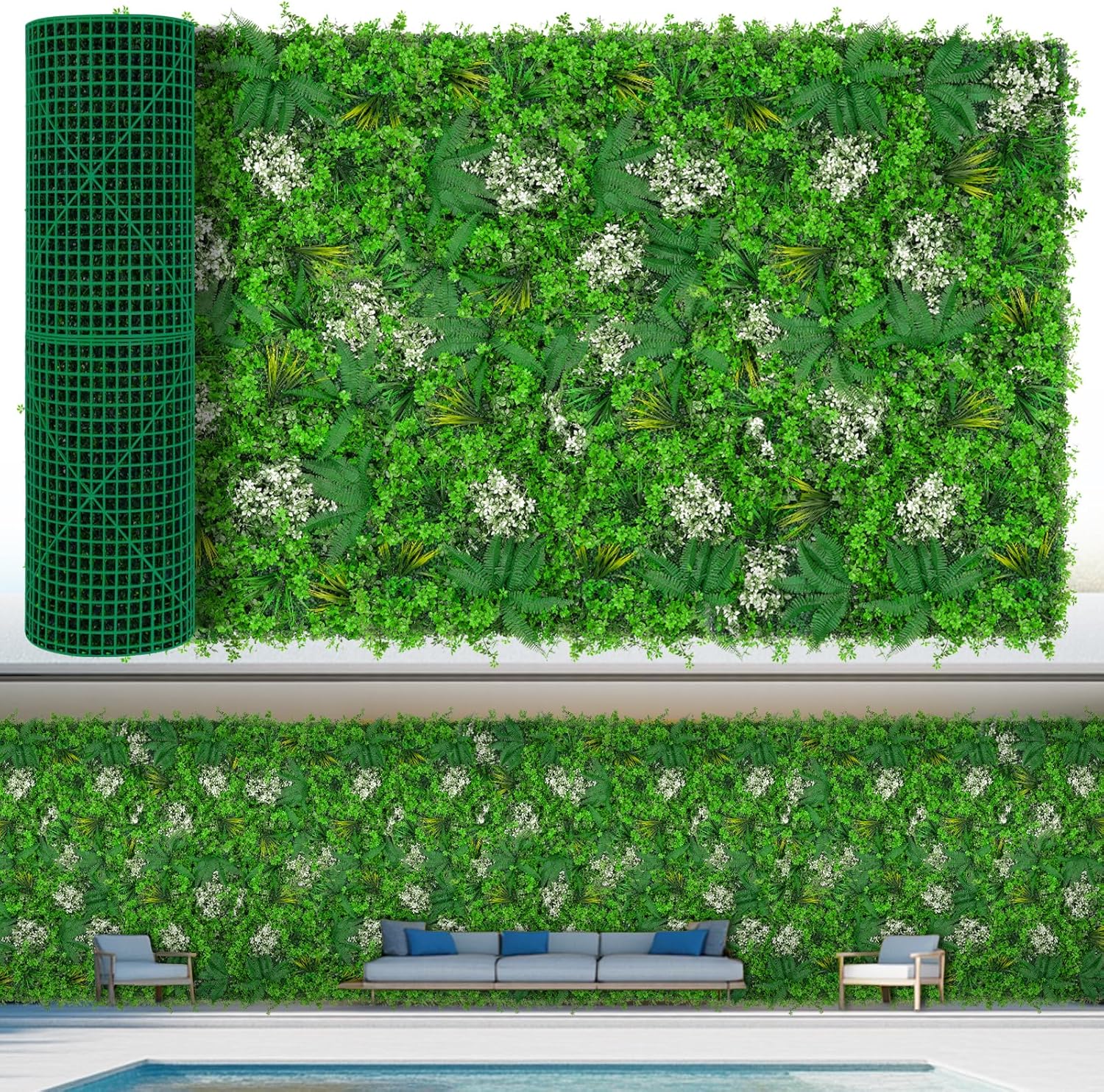 40"x120"(33.33 SQFT) Grass Wall Panels, Artificial Greenery Backdrop Wall with UV Resistant Leaves, Faux Green Wall Decor for Outdoor Indoor Patio Garden Backyard 40X120 IN White Flower